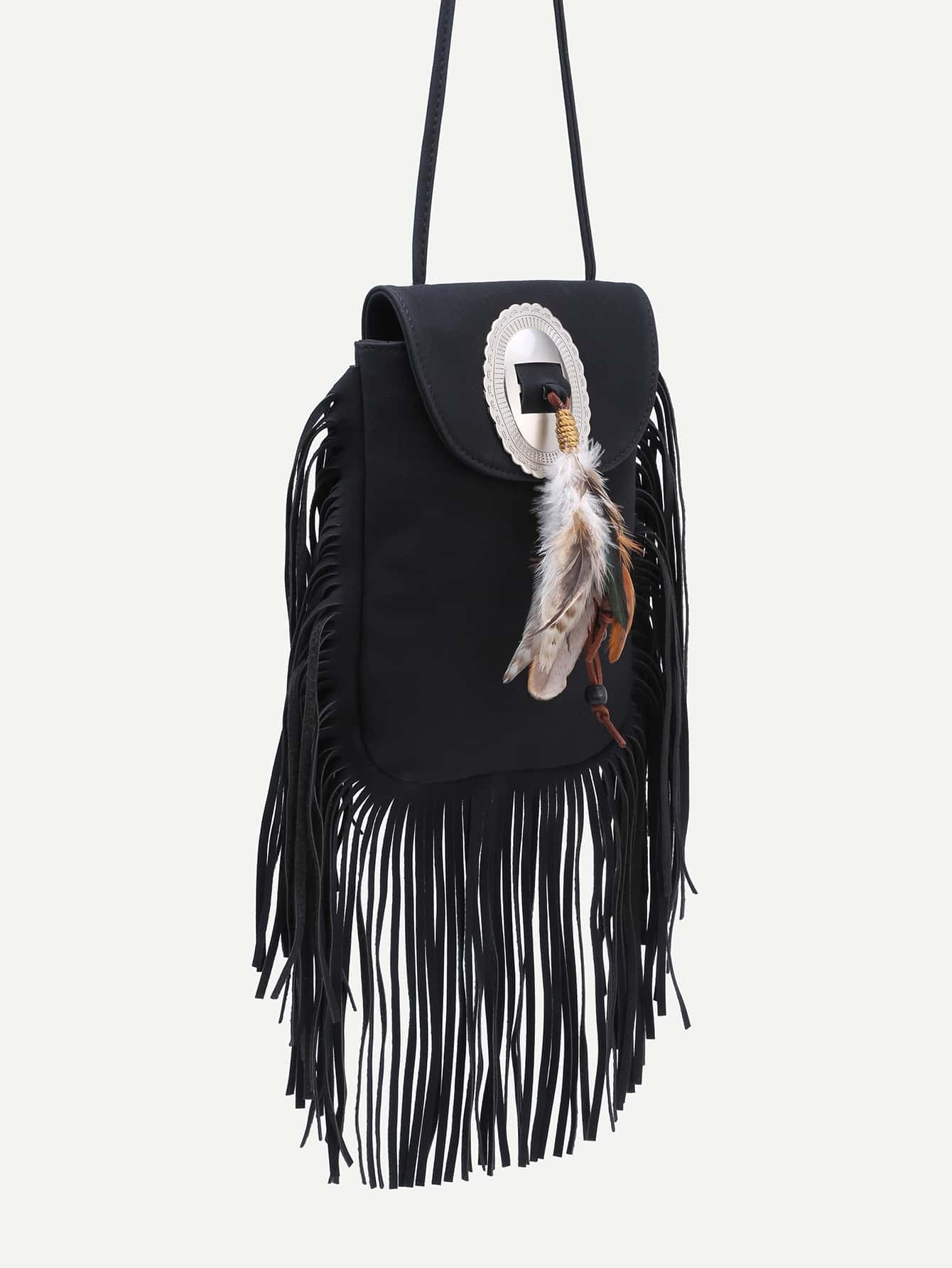 Black Feather Embellished Fringe Trim Flap Bag SheIn(Sheinside)