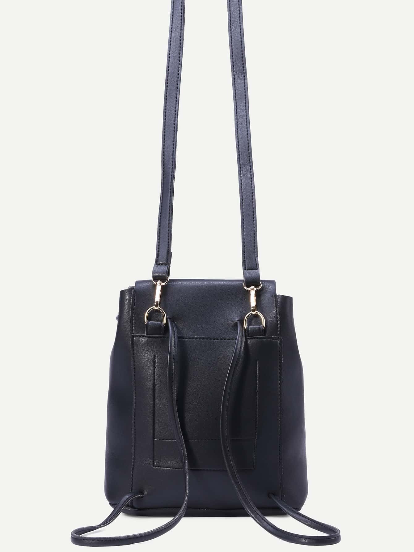 Black Faux Leather Drawstring Flap Backpack With Clutch SheIn(Sheinside)