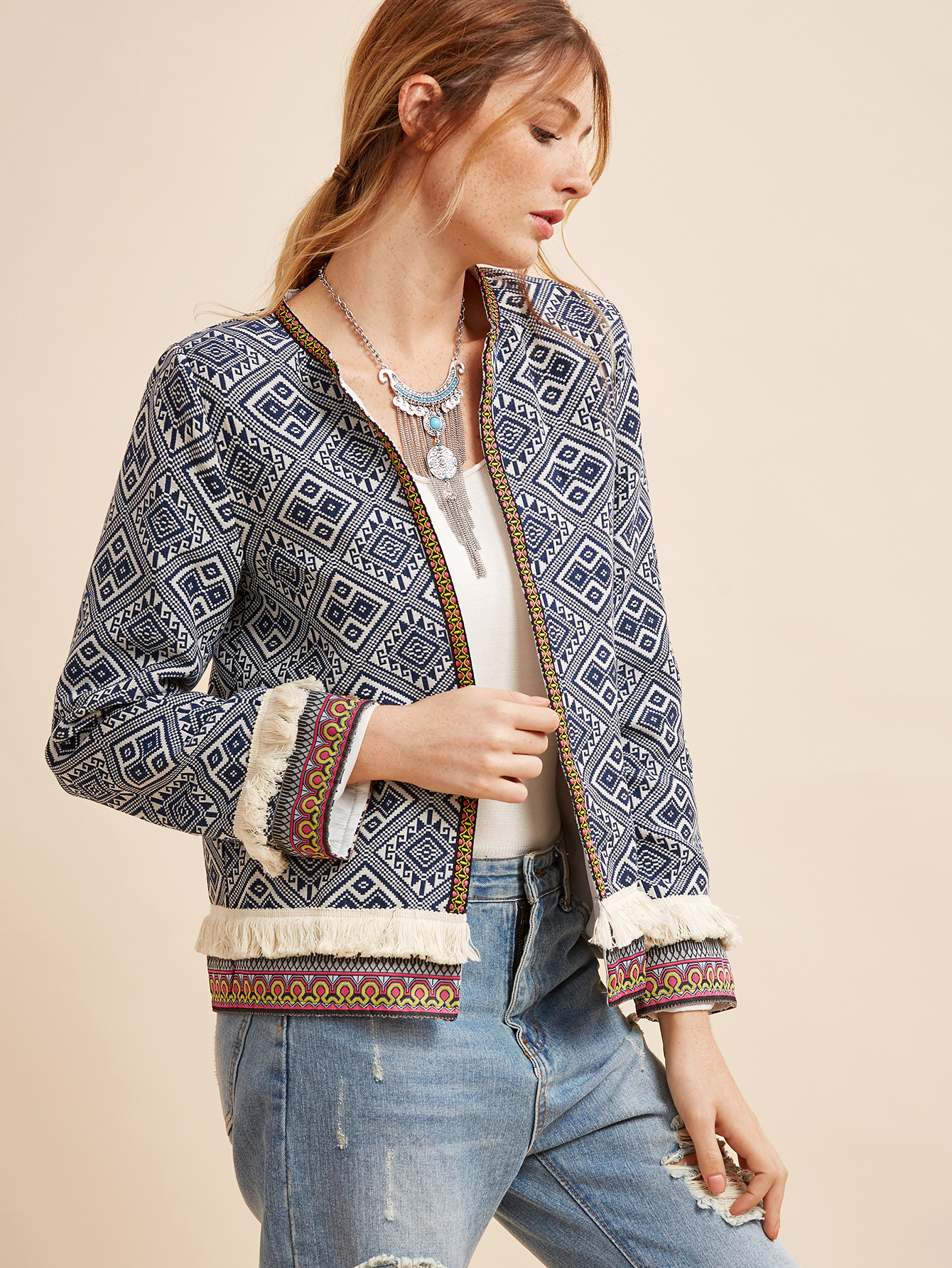 Fringe Trim Tribal Jacket With Embroidered Tape SheIn(Sheinside)