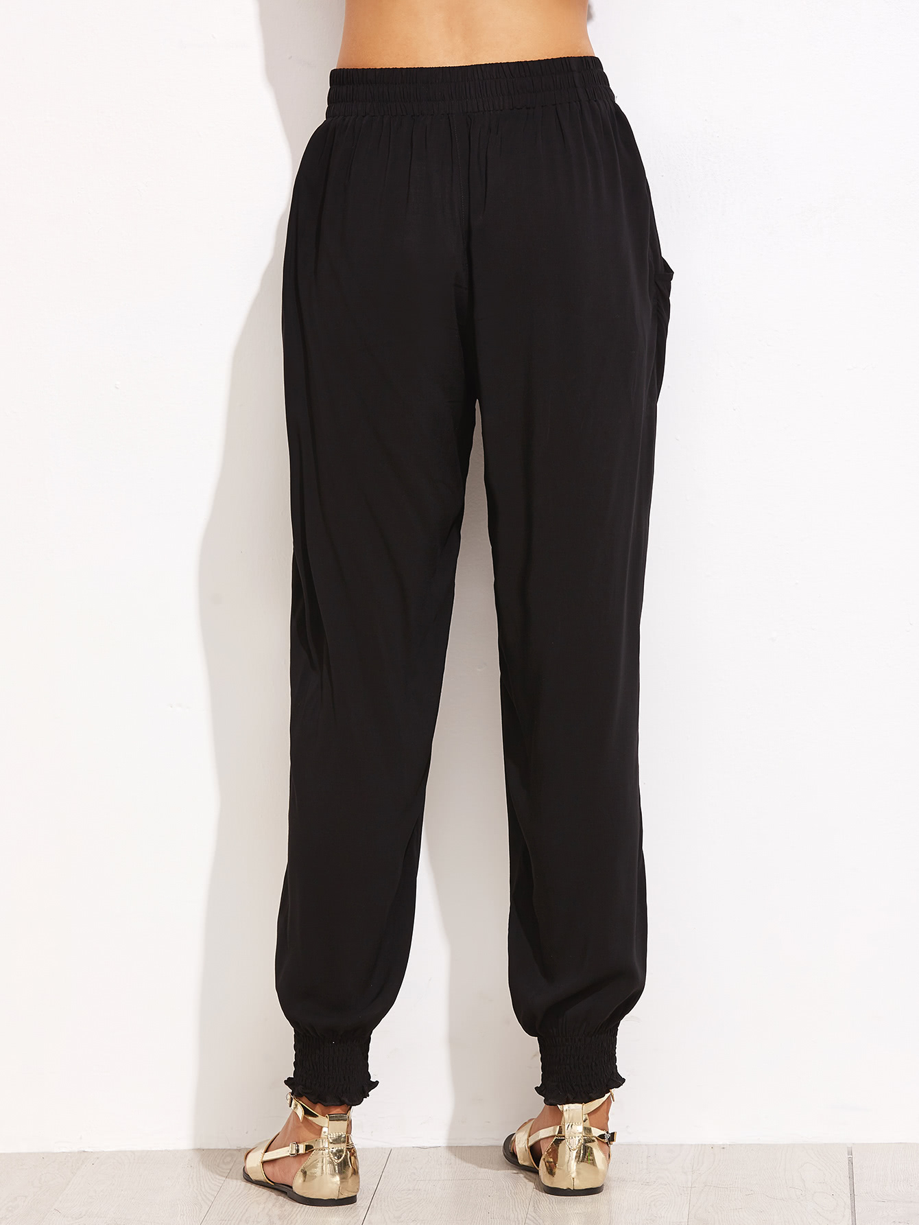 Black Elastic Waist Shirred Hem Harem Pants SheIn(Sheinside)