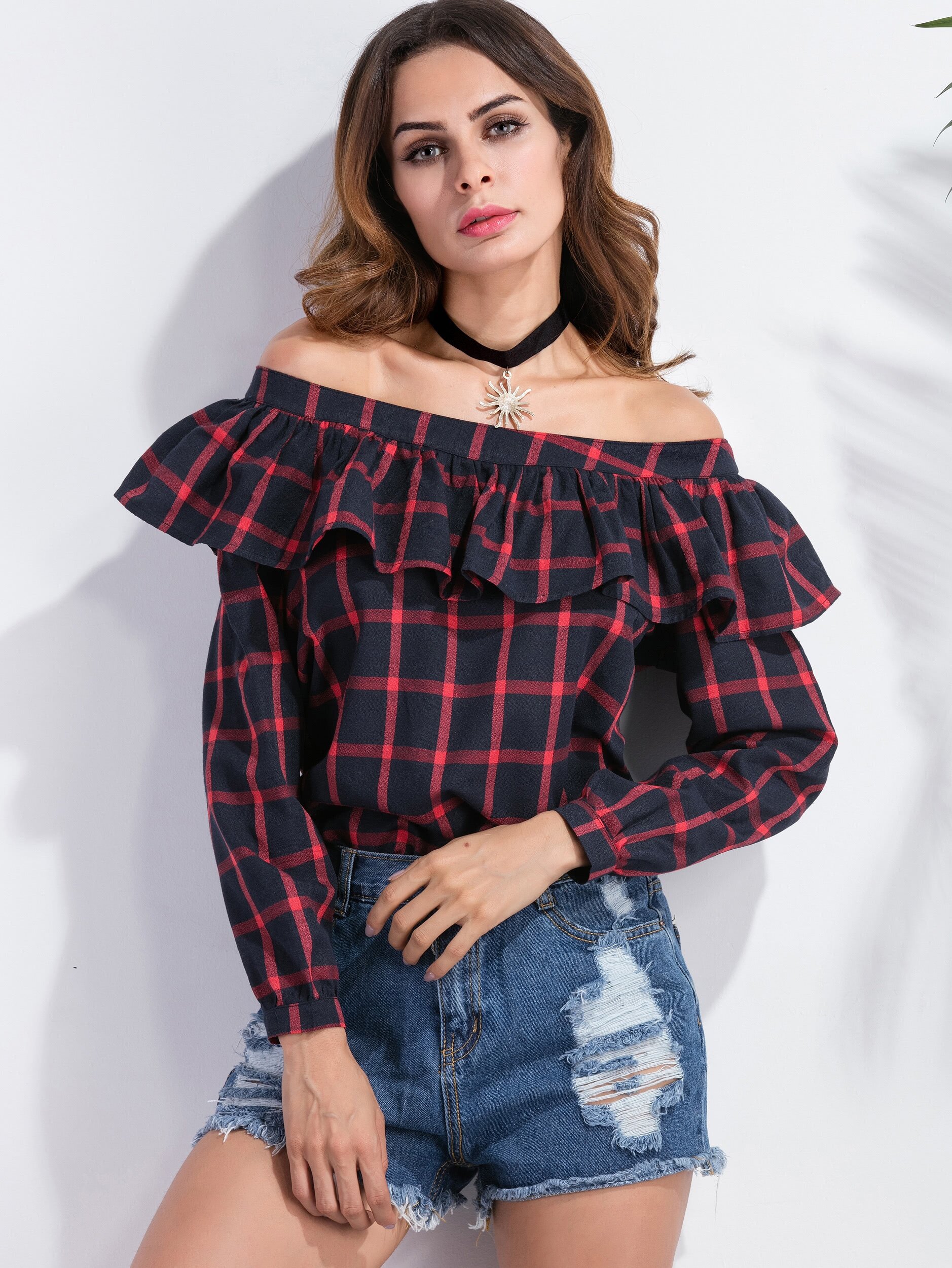 Windowpane Plaid Off The Shoulder Ruffle Trim Top