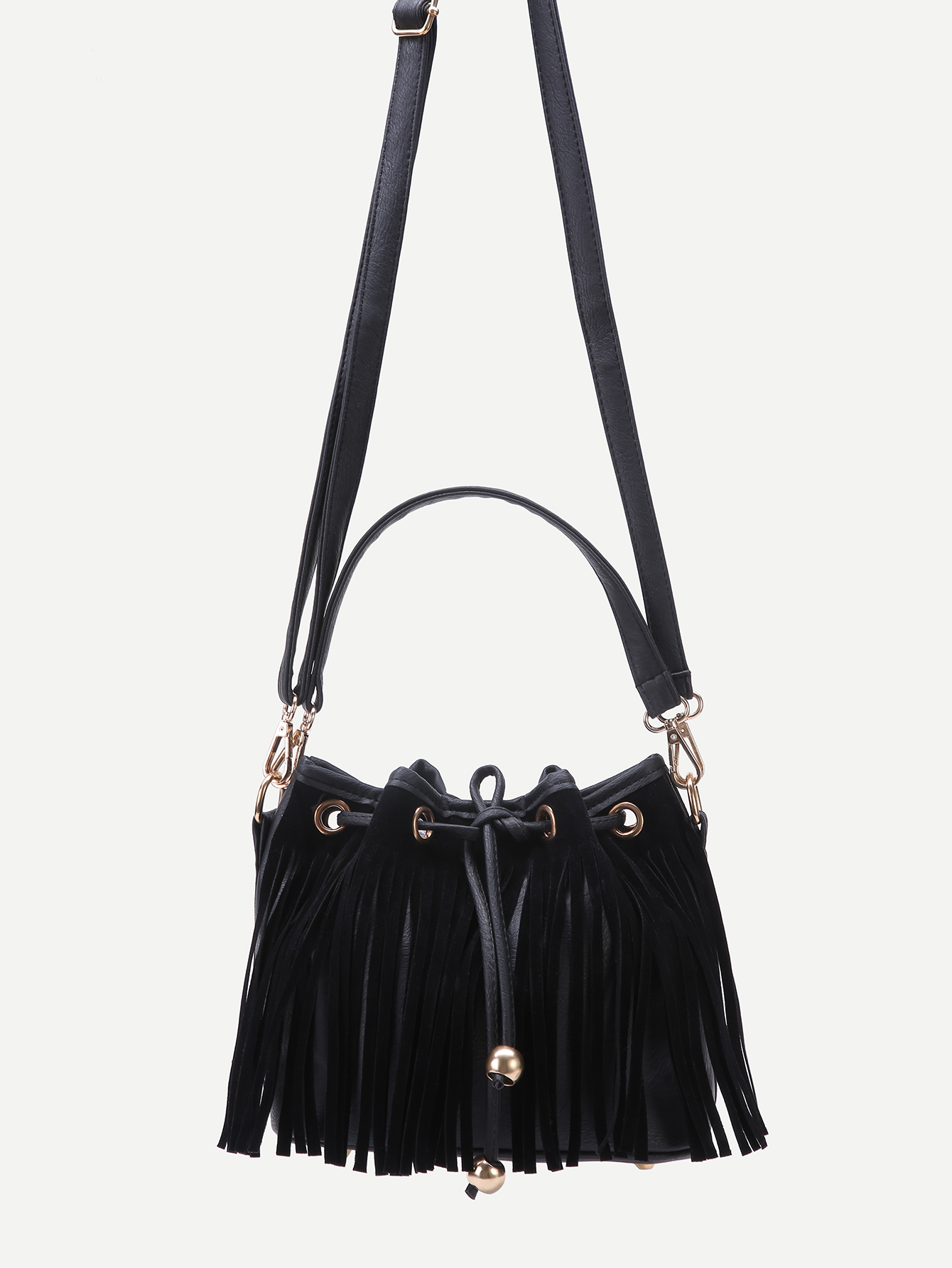 Black PU Tassel Fringe Drawstring Bucket Bag SheIn(Sheinside)