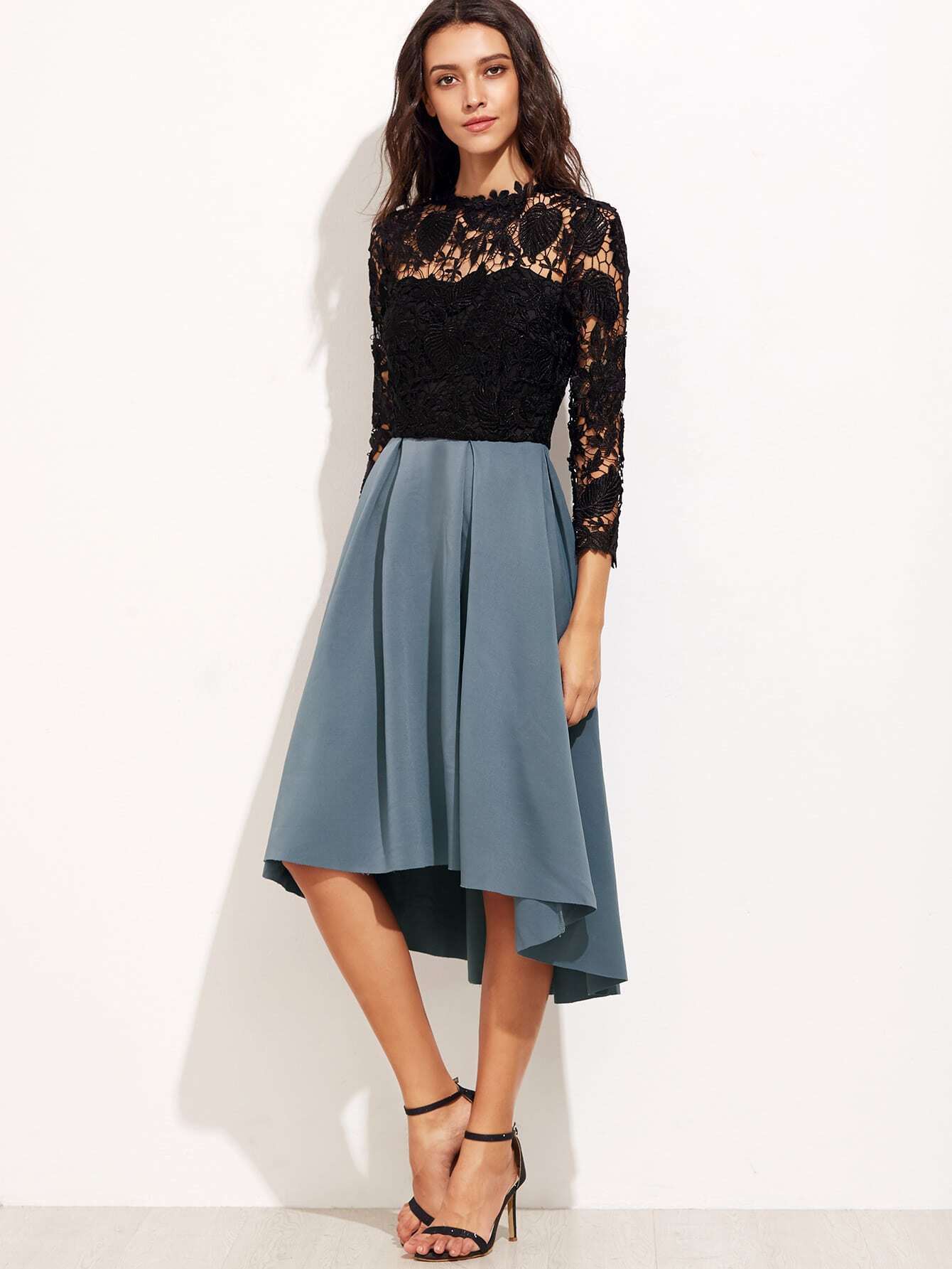 Black Lace Embroidered Contrast Hem Dress SheIn(Sheinside)