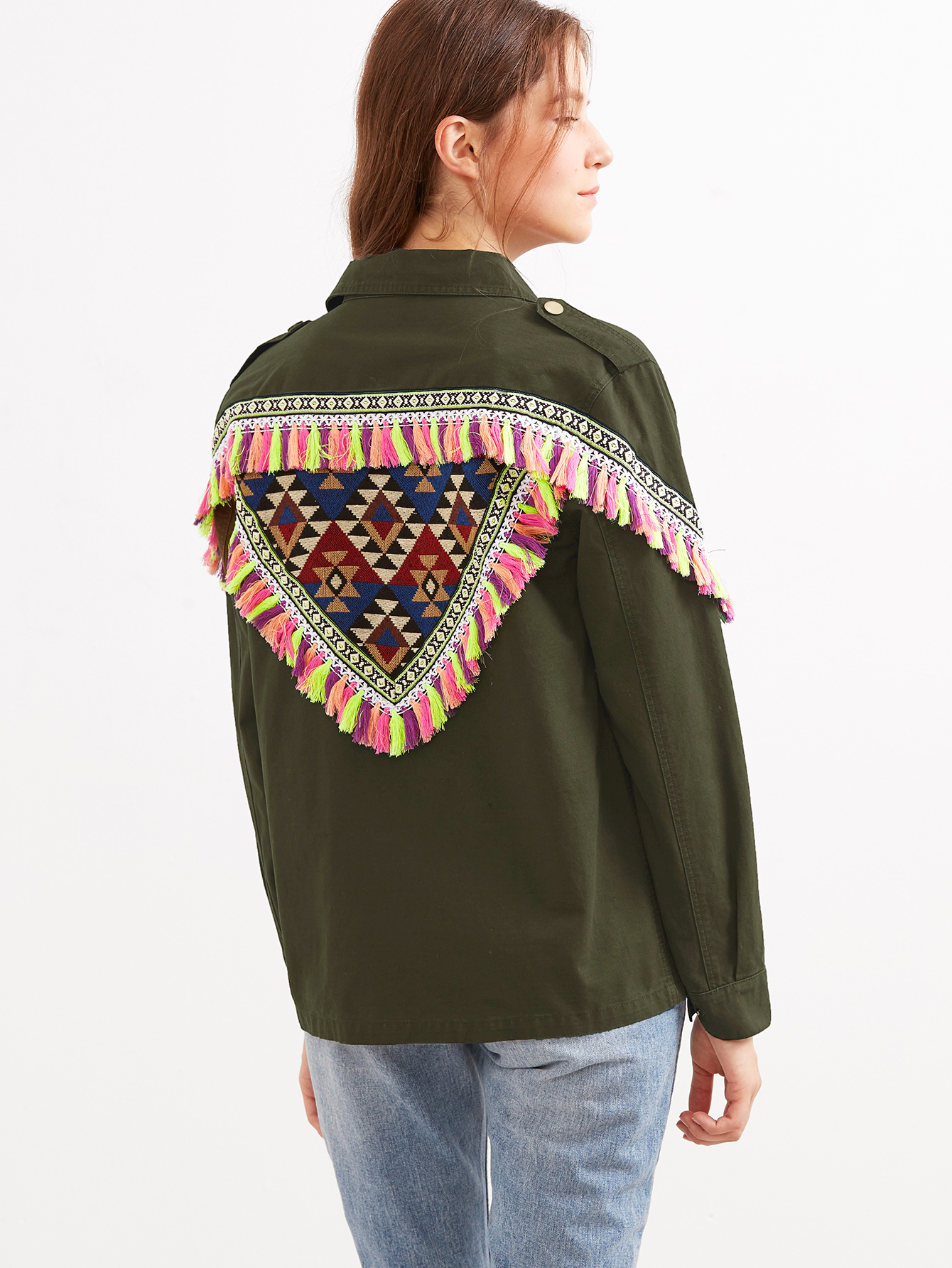 Olive Green Jacket With Embroidered Patch And Tassel Detail