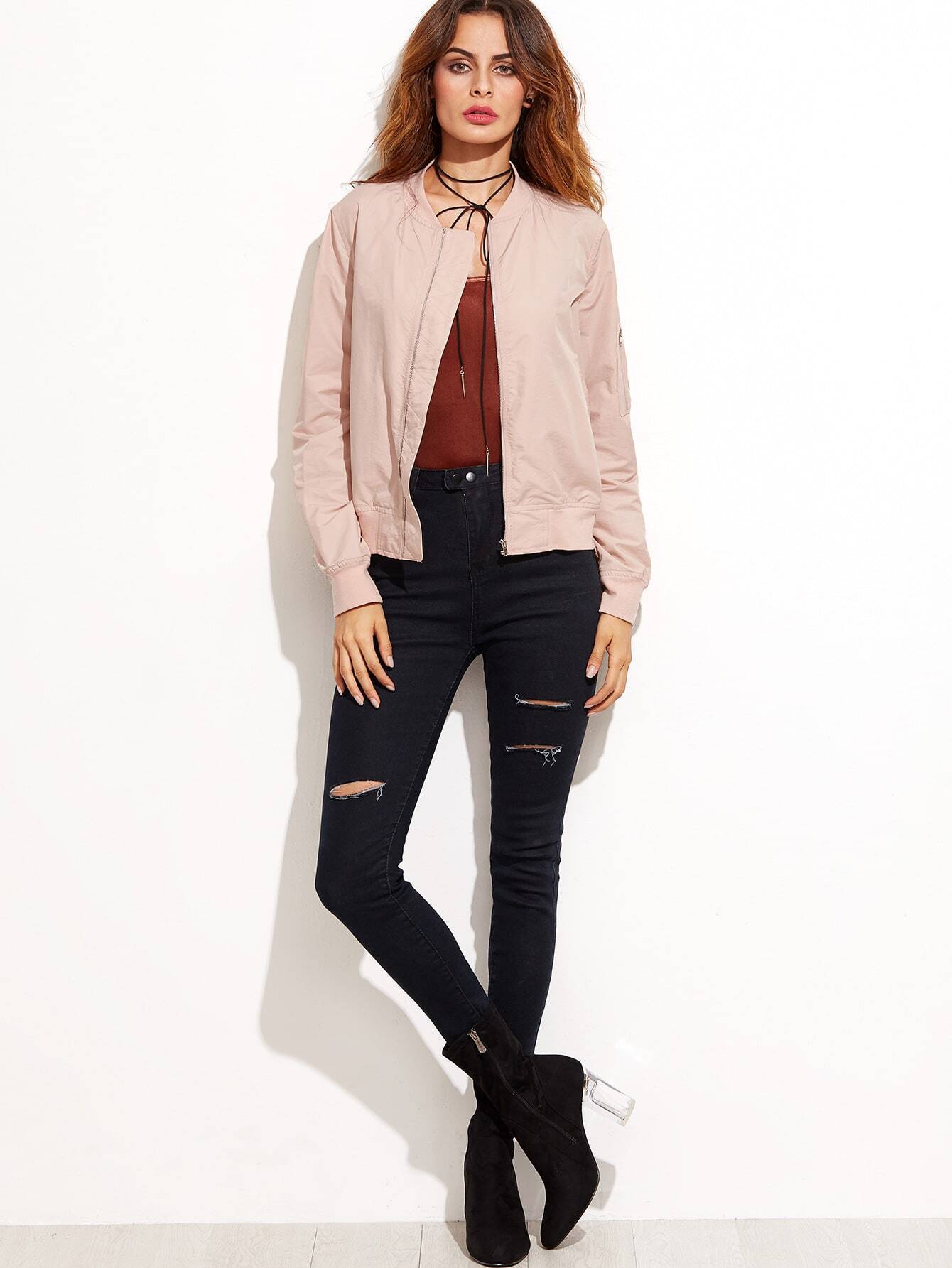 Pink Band Collar Zipper Front Jacket SheIn(Sheinside)