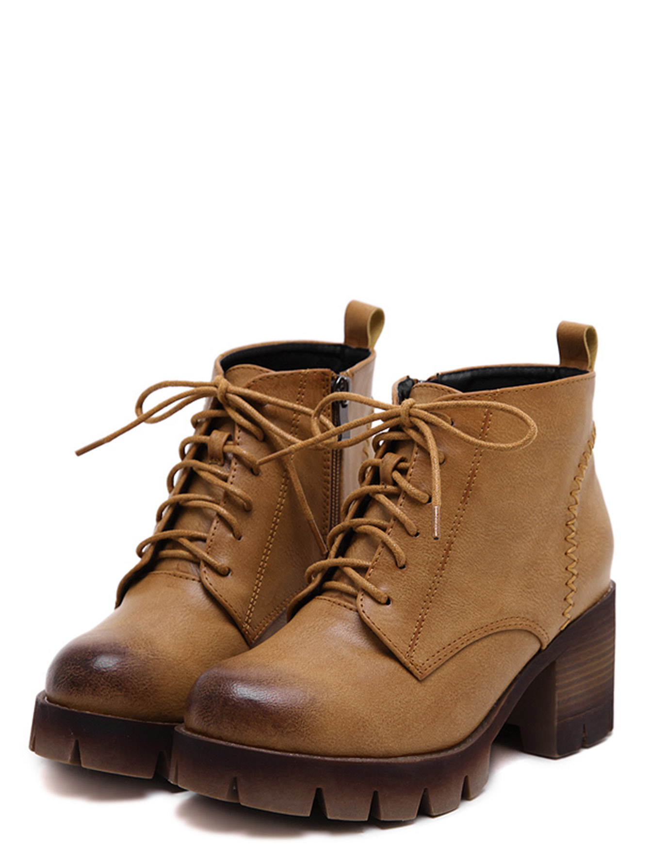 Brown PU Lace Up Cork Heel Ankle Boots SheIn(Sheinside)