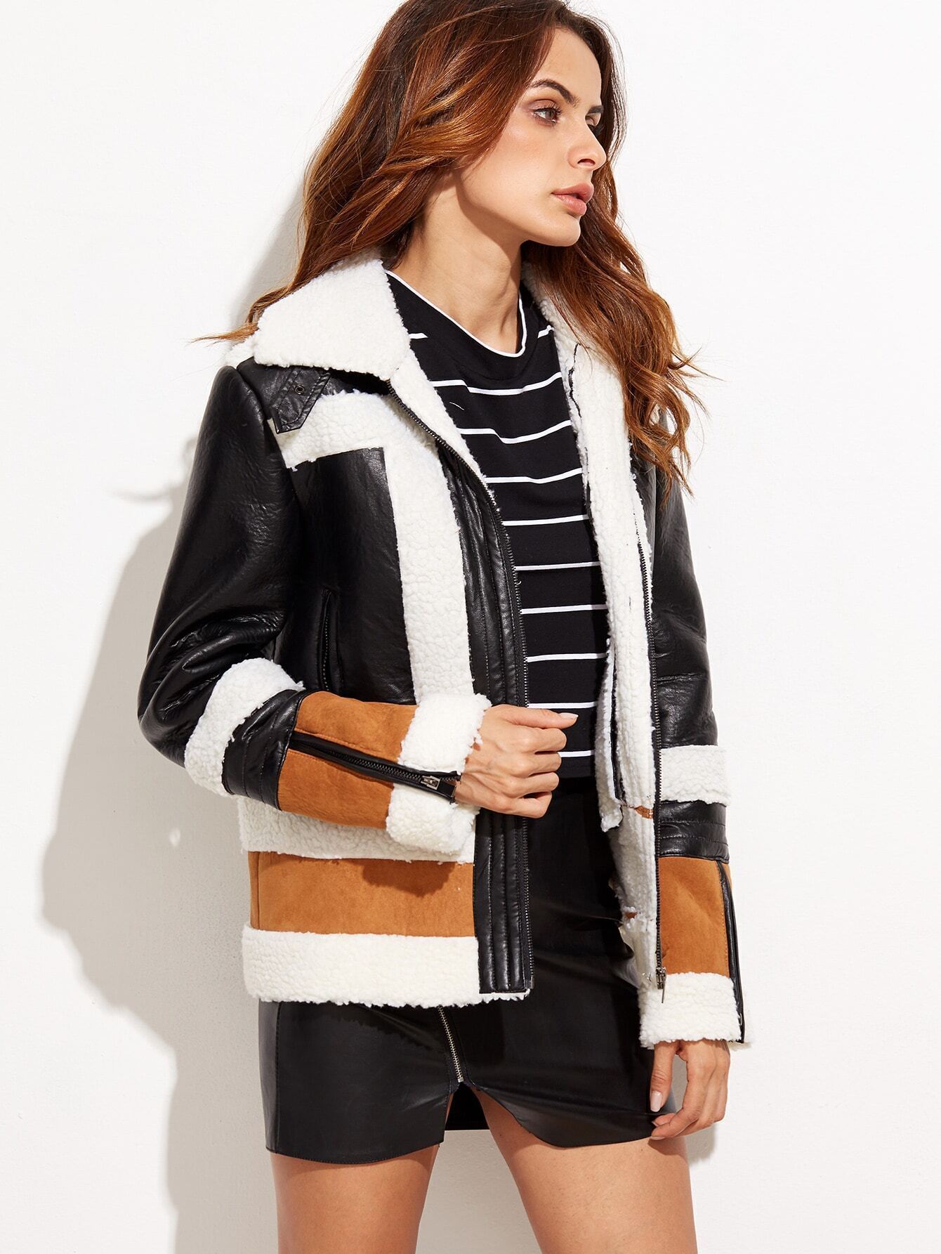 Color block PU Leather Faux Shearling Zipper Jacket SheIn(Sheinside)