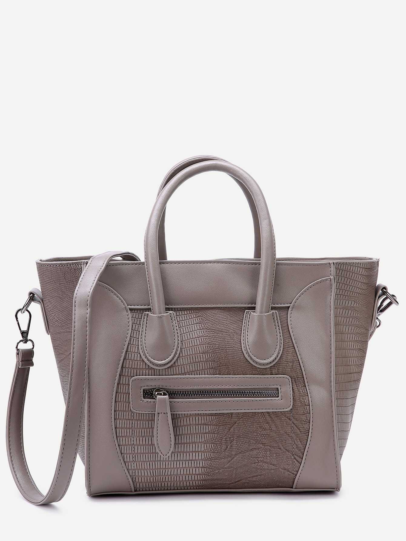 Grey Embossed PU Front Zipper Tote Bag With Strap SheIn(Sheinside)