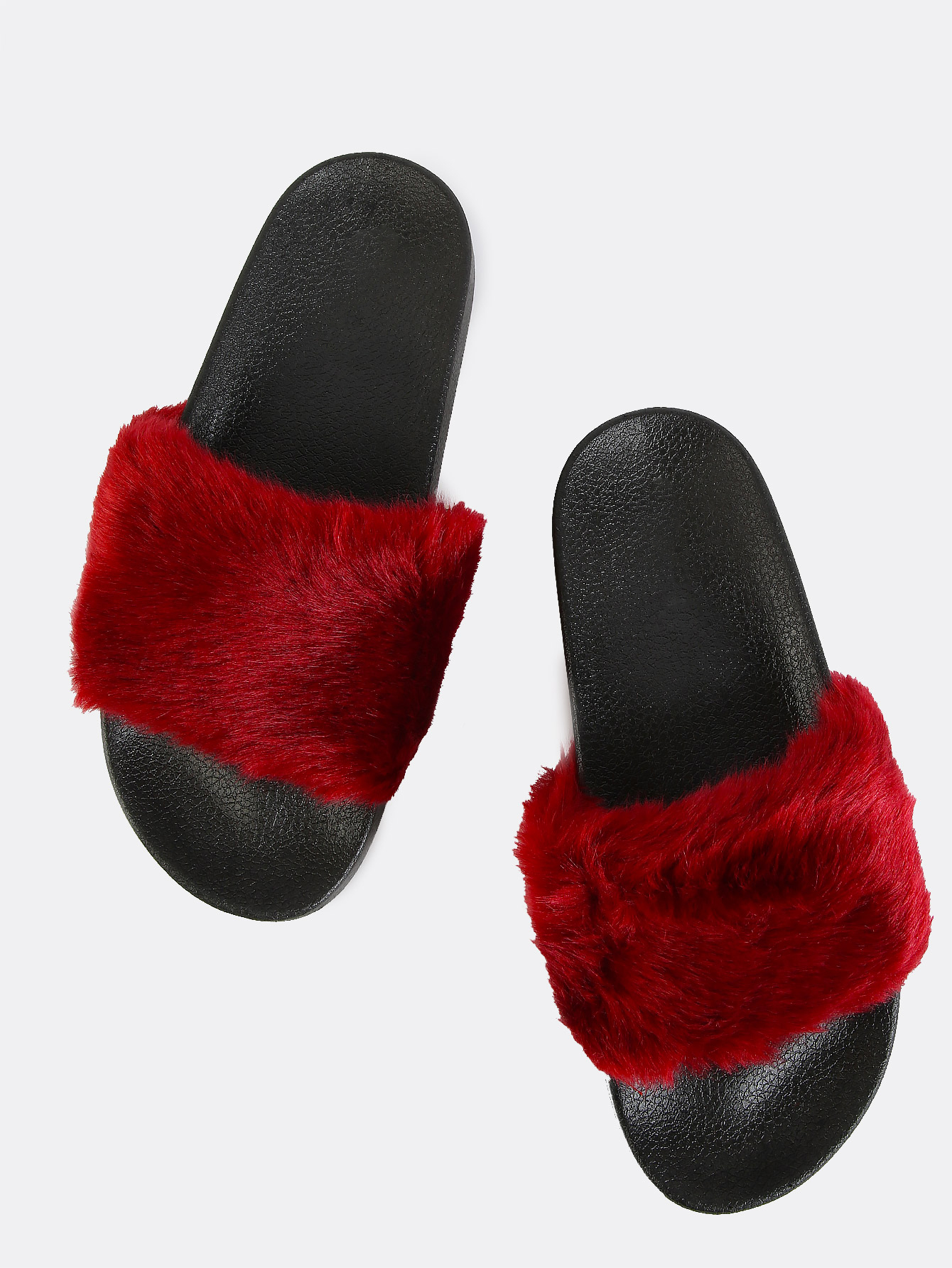 Contrast Fluffy Fur Slide Sandals BURGUNDY SheIn(Sheinside)