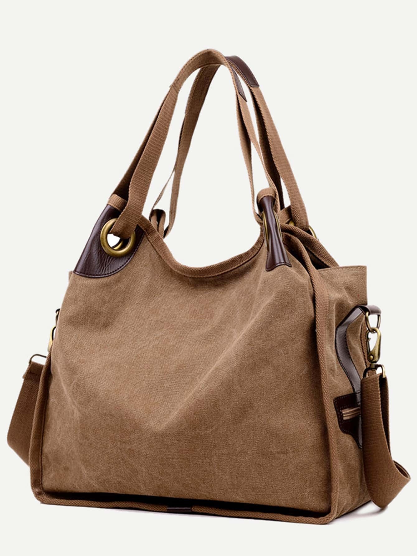 Khaki PU Trim Canvas Hobo Bag With Strap SheIn(Sheinside)