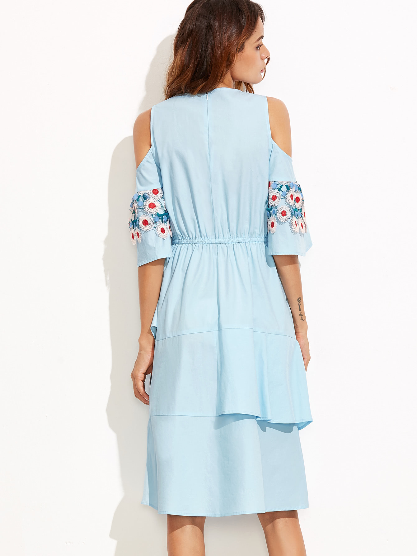 Blue Crochet Applique Open Shoulder Ruffle Dress SheIn(Sheinside)