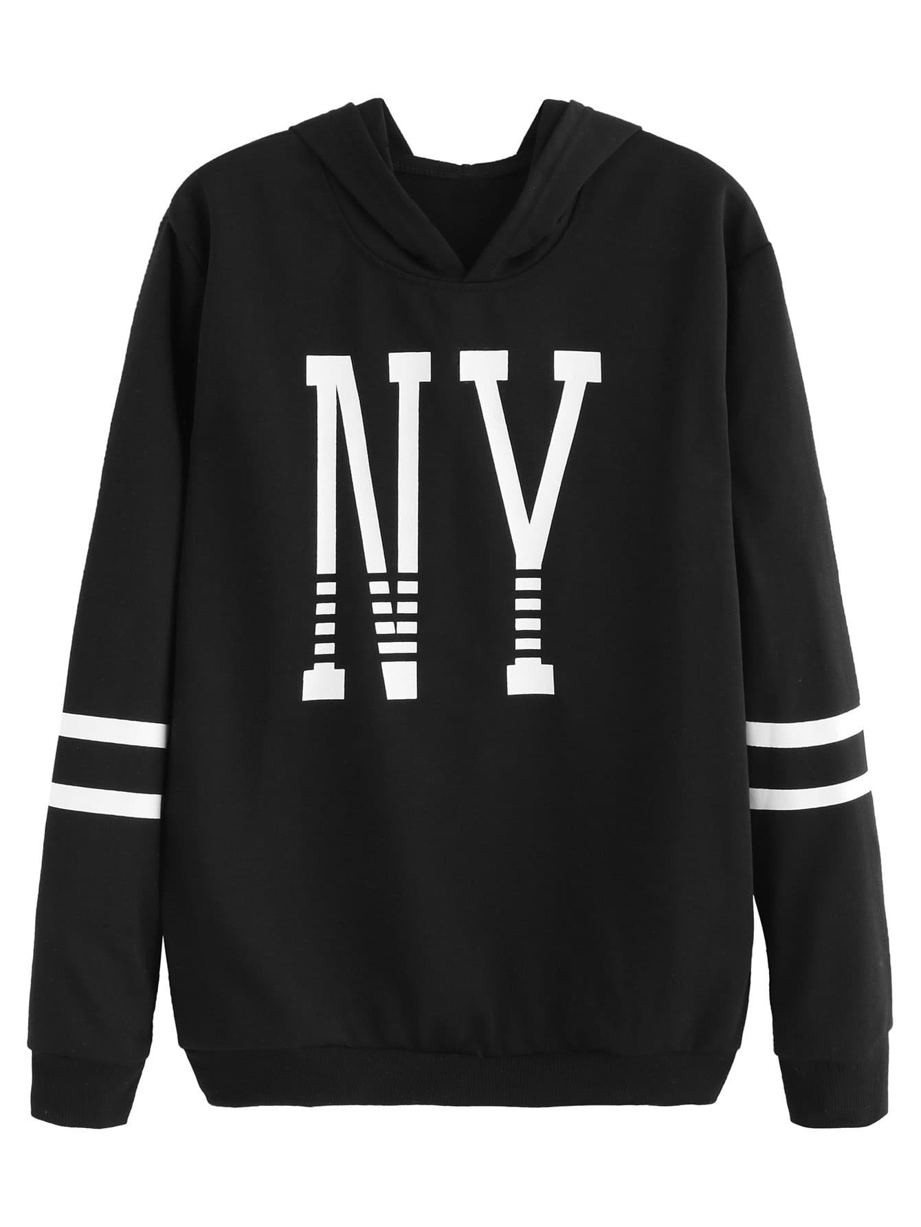 Sudadera estampada de letras de rayas con capucha negroSpanish SheIn Sudadera estampada de letras de rayas con capucha negroSpanish SheIn