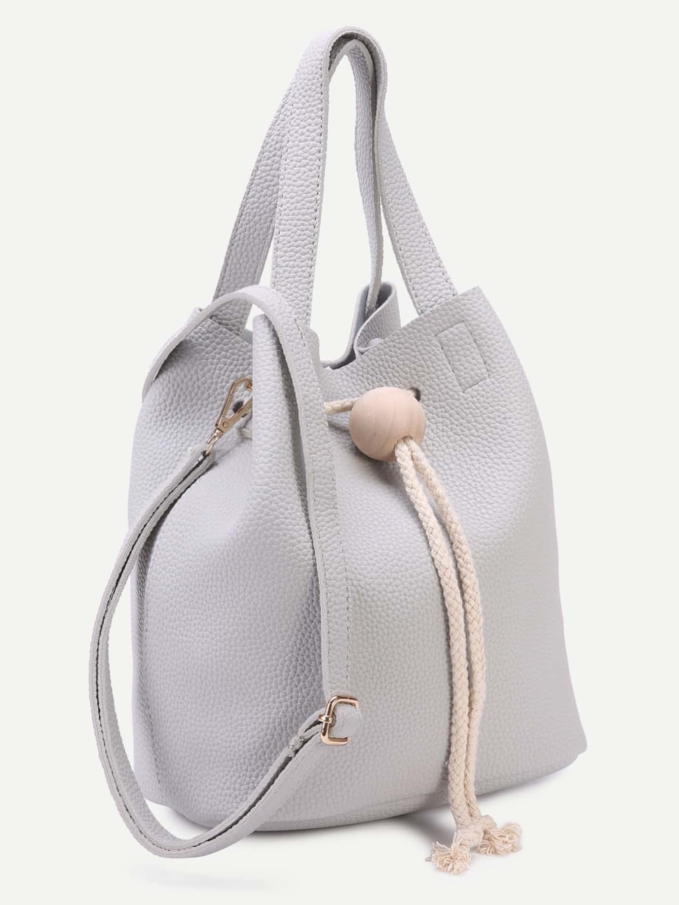 Grey Pebbled PU Drawstring Bucket Bag SheIn(Sheinside)
