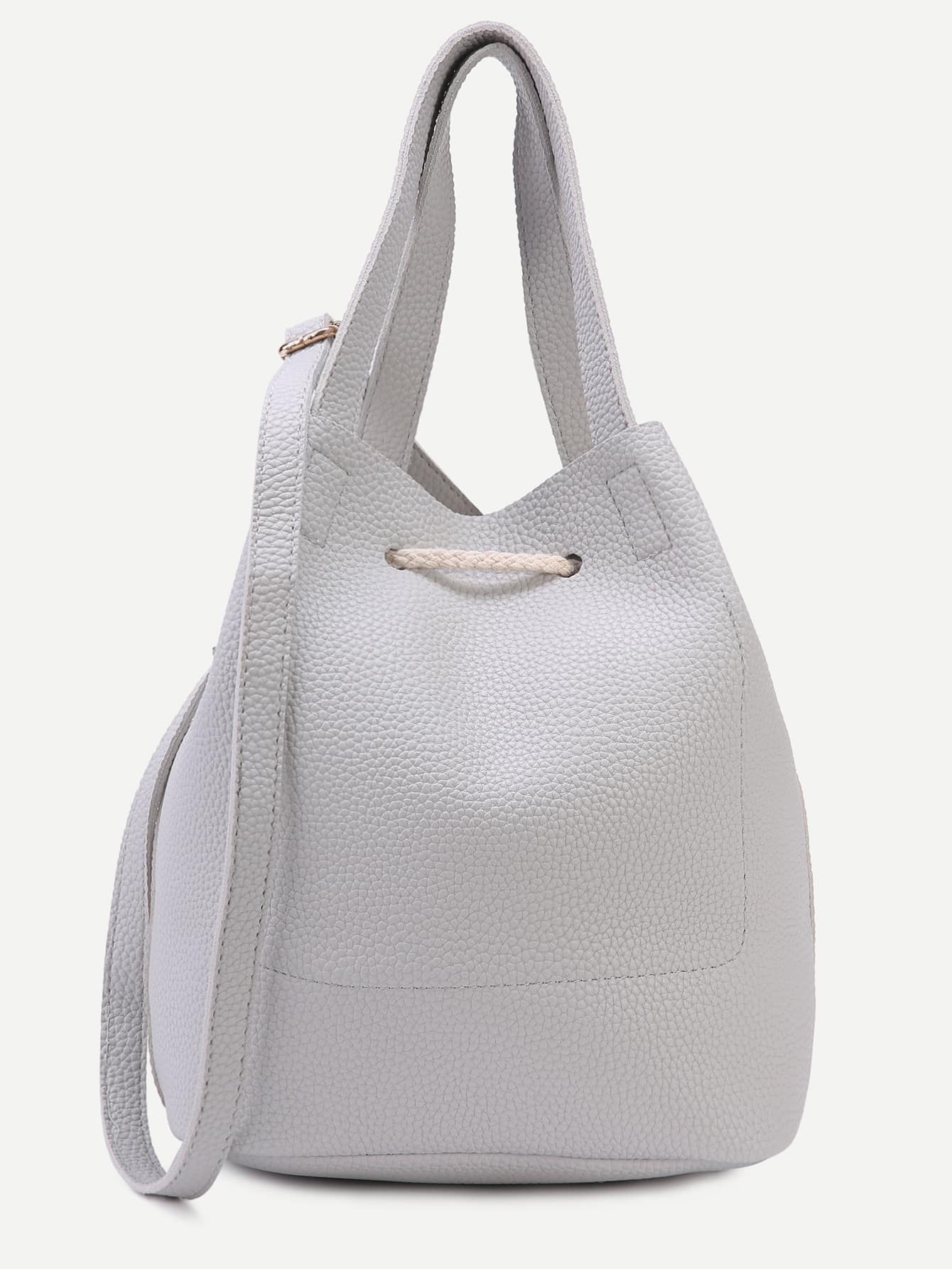 Grey Pebbled PU Drawstring Bucket Bag SheIn(Sheinside)