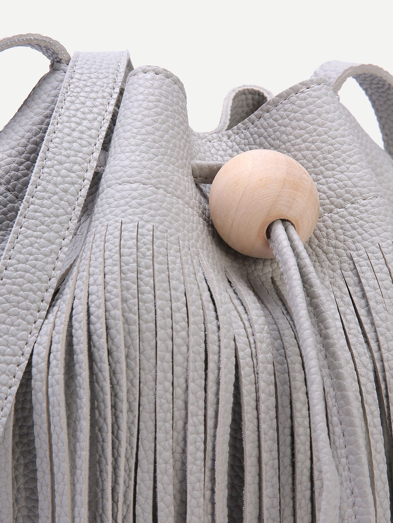 Grey Pebbled PU Tassel Fringe Drawstring Bucket Bag SheIn(Sheinside)