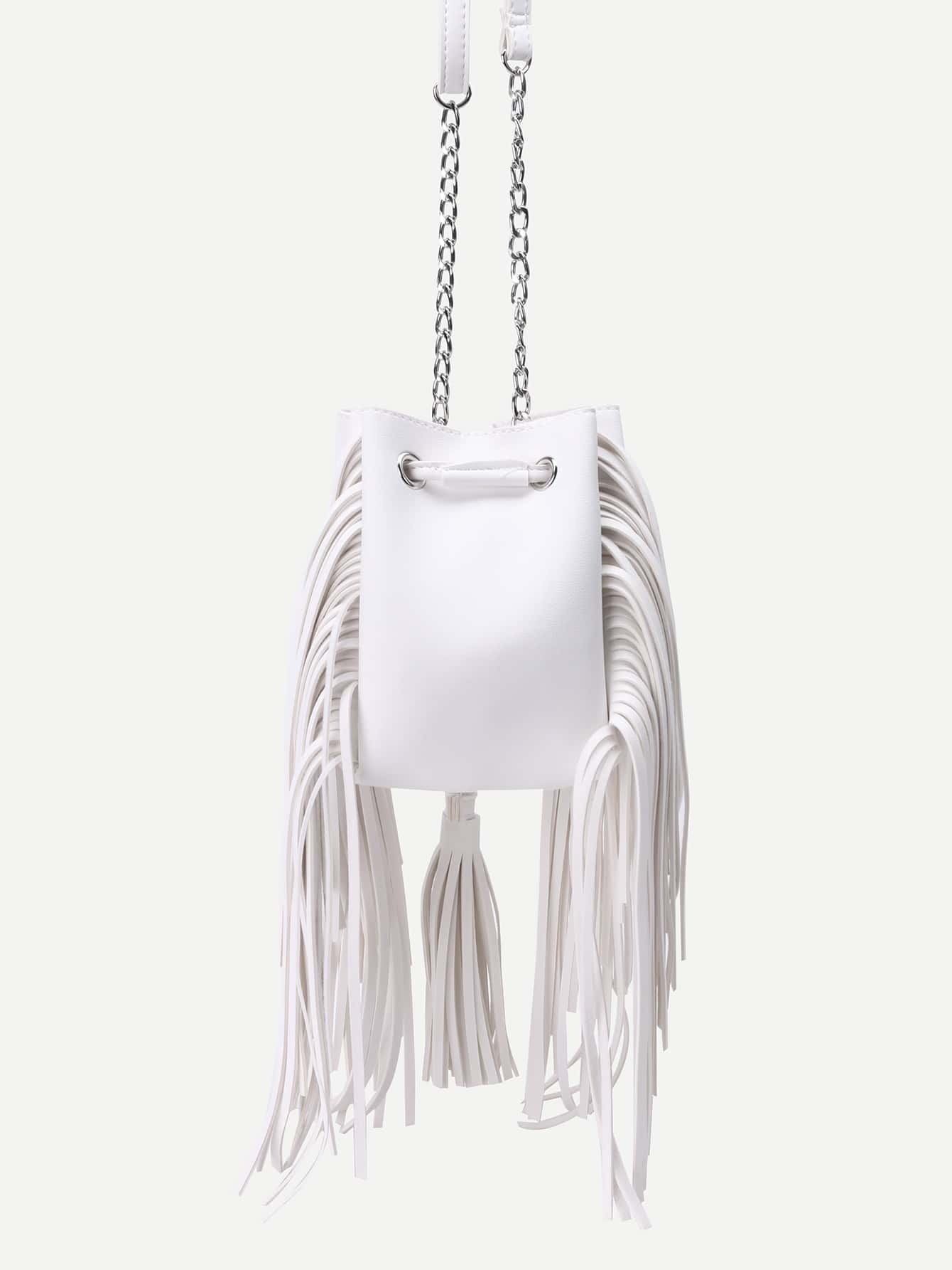 White PU Tassel Trim Drawstring Bucket Bag With Chain SheIn(Sheinside)