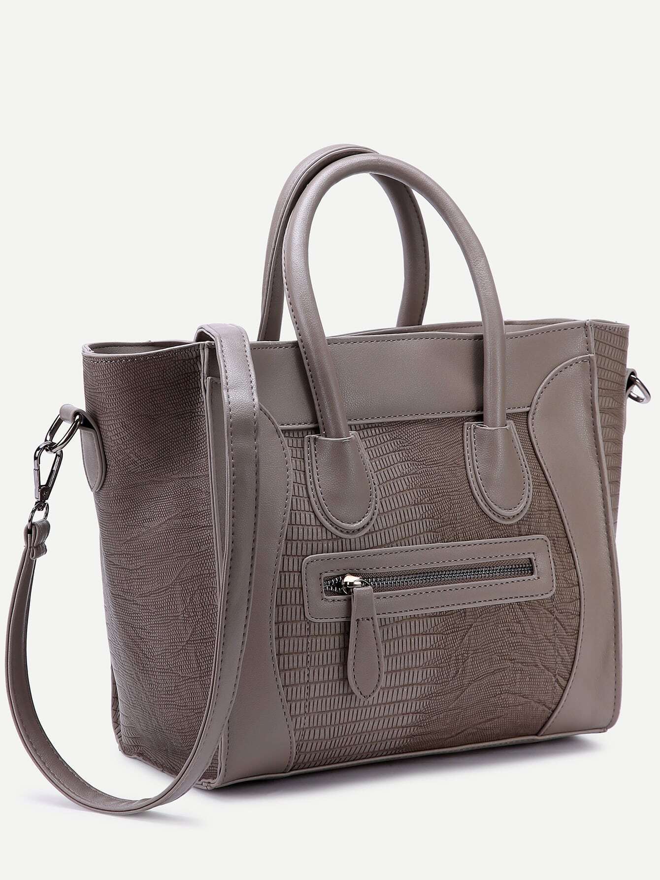 Grey Embossed PU Front Zipper Tote Bag With Strap SheIn(Sheinside)
