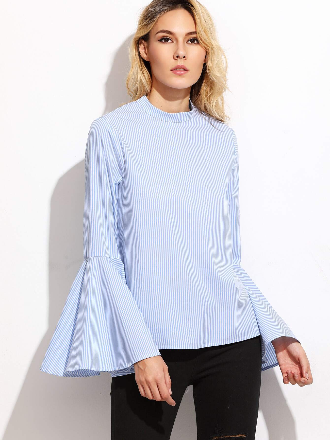 blue vertical striped keyhole back bell sleeve blouse blue vertical striped keyhole back bell sleeve blouse