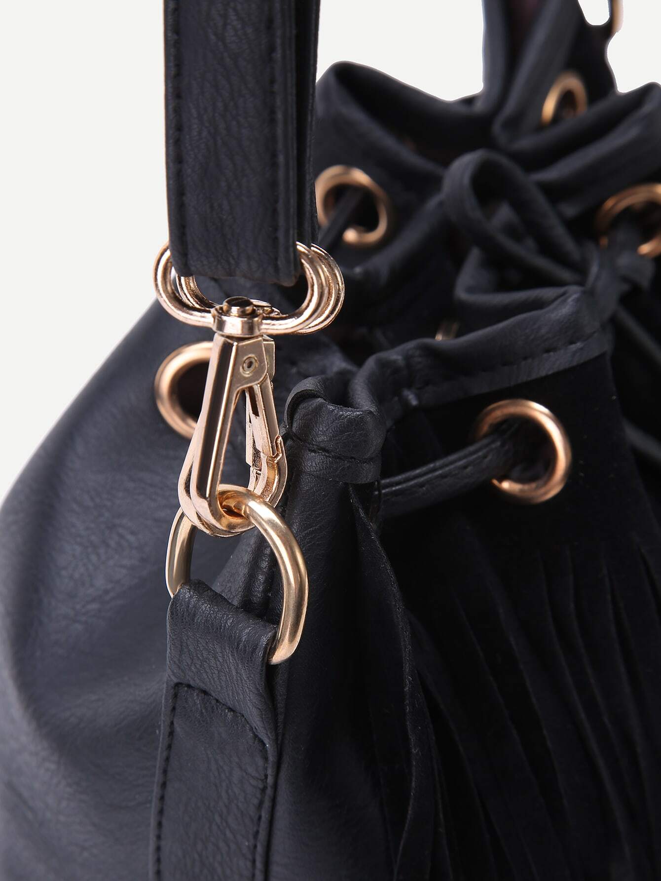 Black PU Tassel Fringe Drawstring Bucket Bag SheIn(Sheinside)