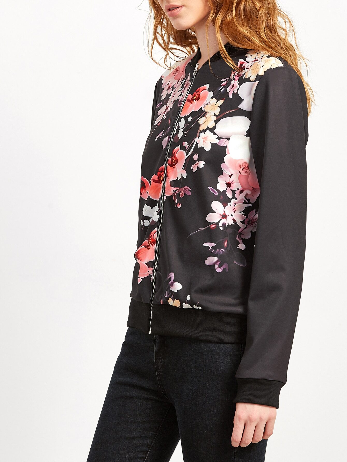 Black Flower Print Ribbed Trim Bomber Jacket SheIn(Sheinside)