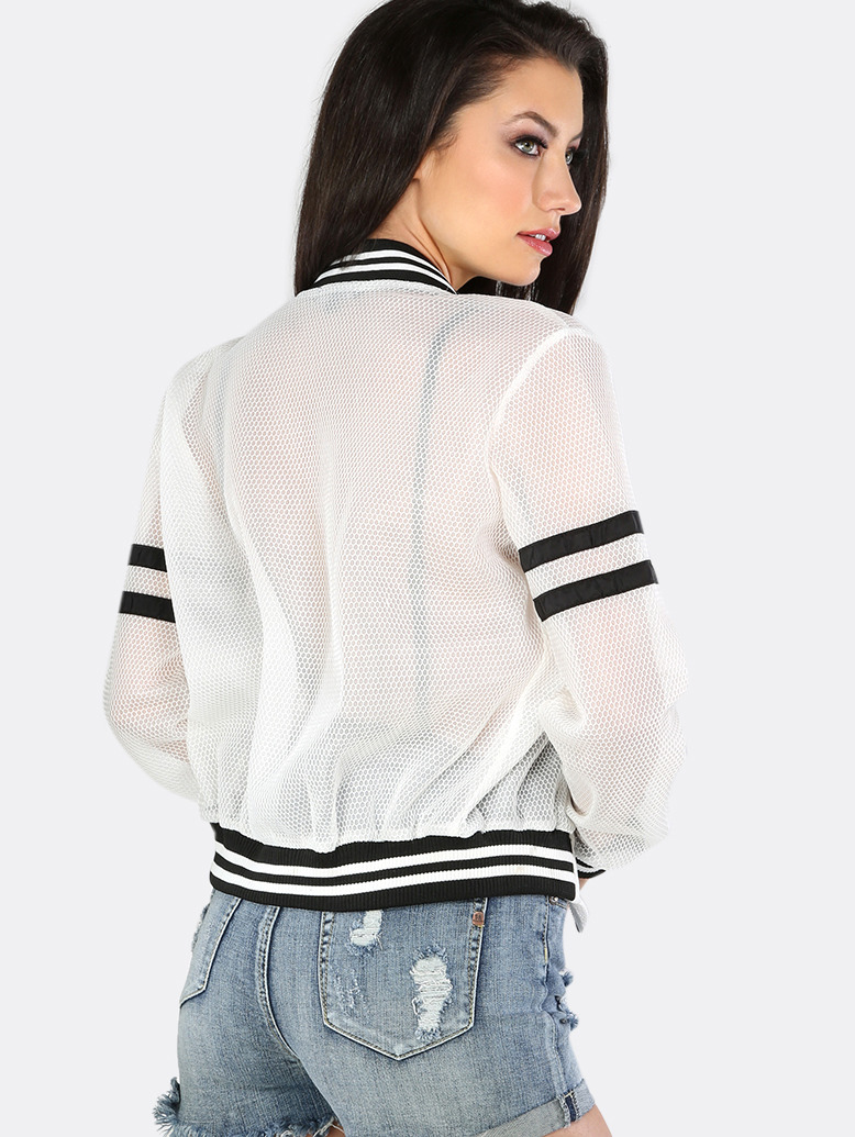 White and Black Striped Zipper Long Sleeve Jacket SheIn(Sheinside)