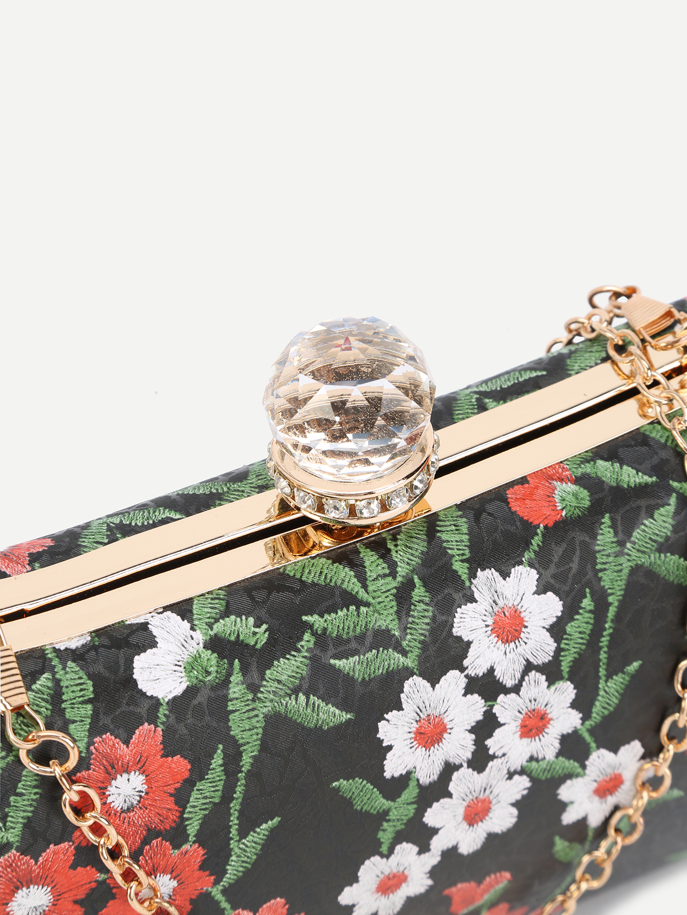 Black PU Floral Print Jewelled Evening Bag SheIn(Sheinside)