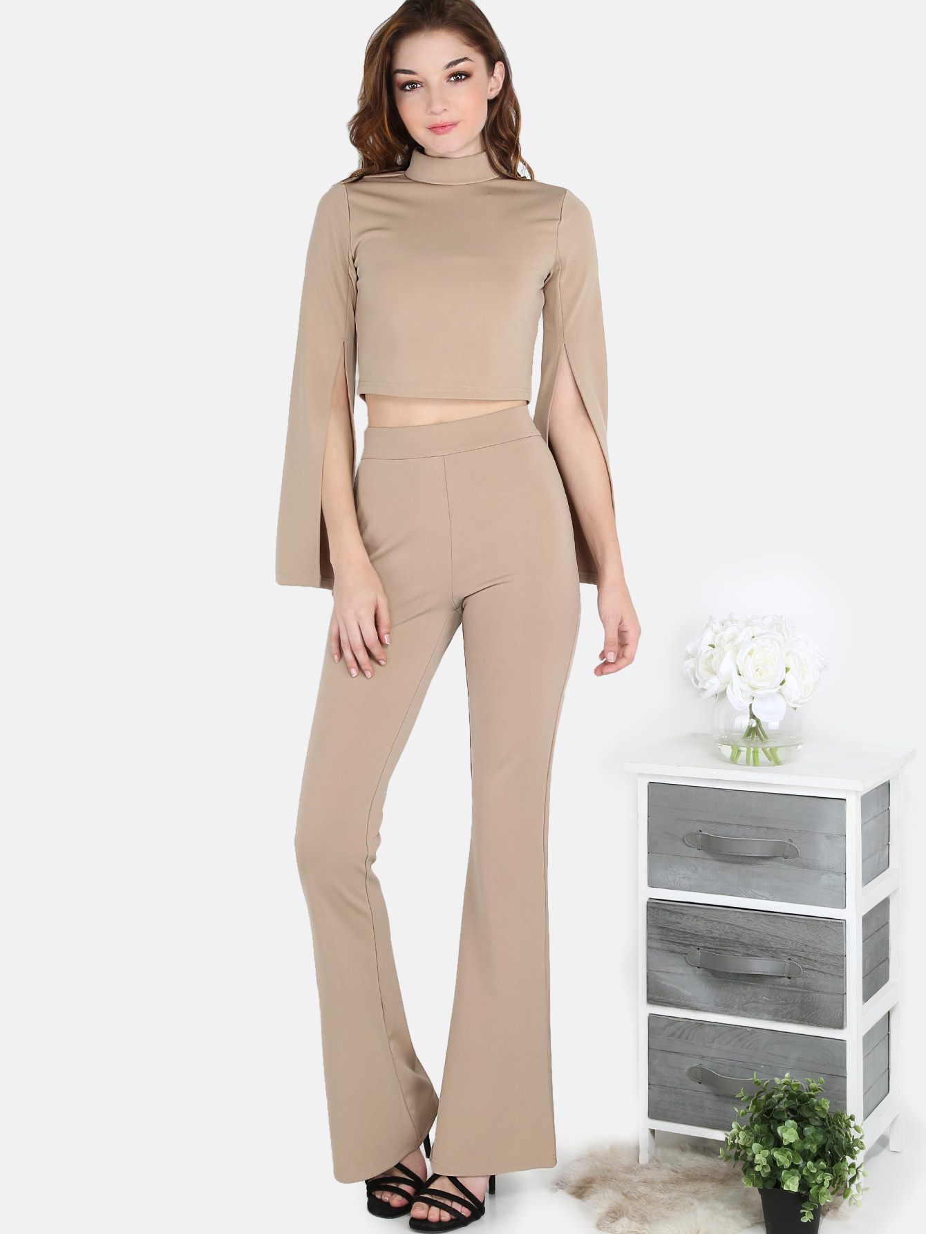 Tailored Flared Pants KHAKI SheIn(Sheinside)