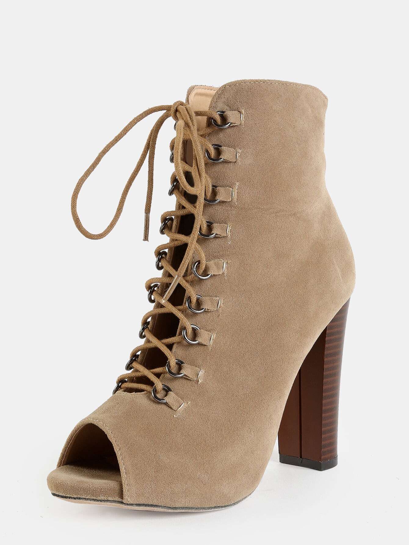 Lace Up Suede Stacked Heel Boots Taupe Shein Sheinside