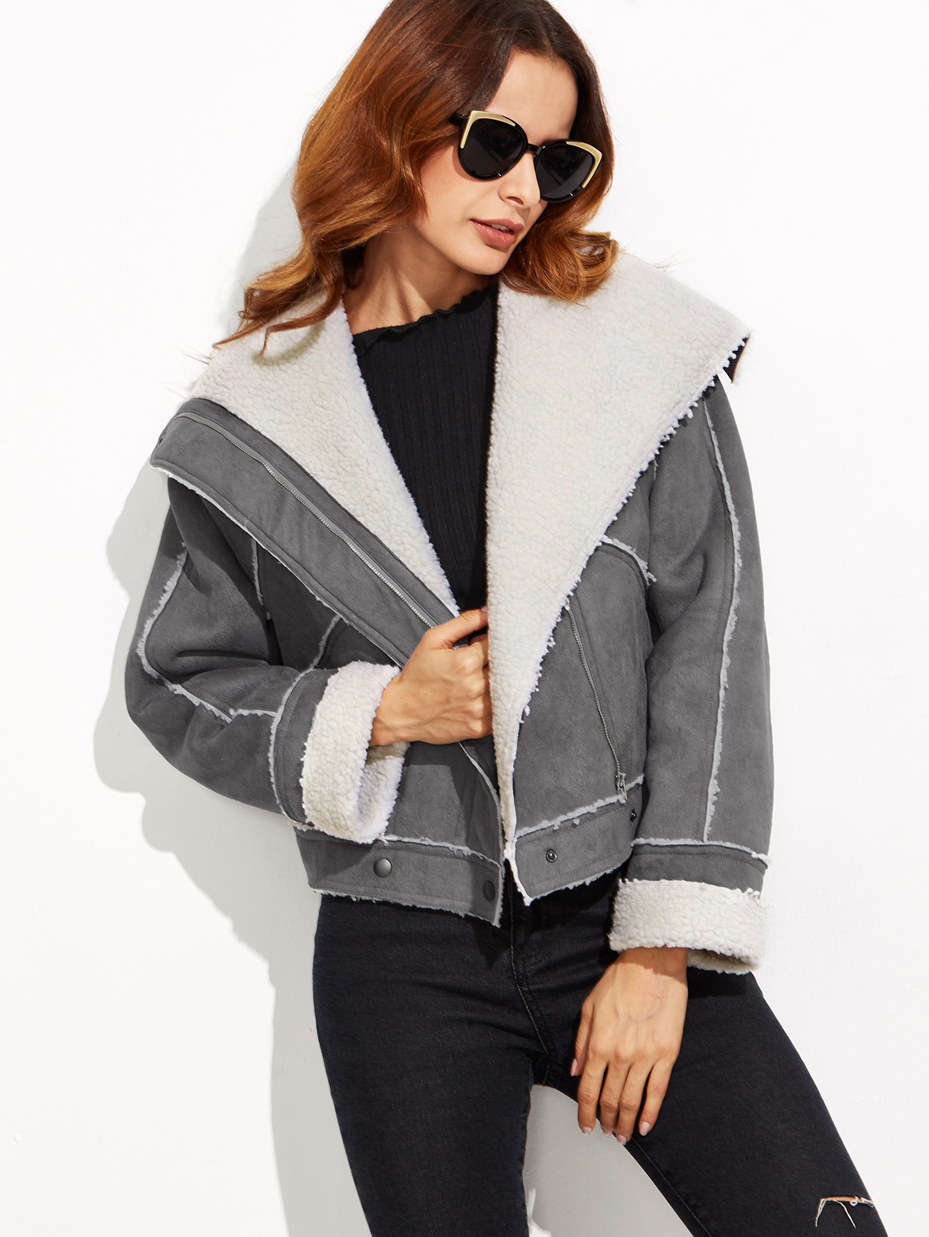 Faux Shearling Asymmetric Zip Aviator Jacket SheIn(Sheinside)