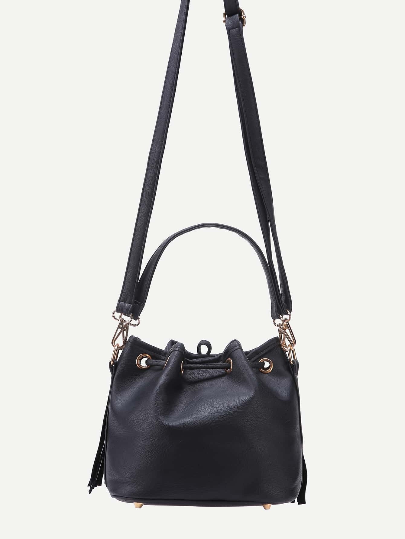 Black PU Tassel Fringe Drawstring Bucket Bag SheIn(Sheinside)