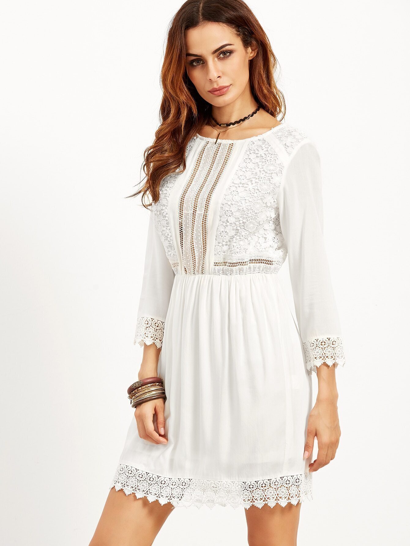 White Embroidered Lace Trim A Line Dress SheIn(Sheinside)