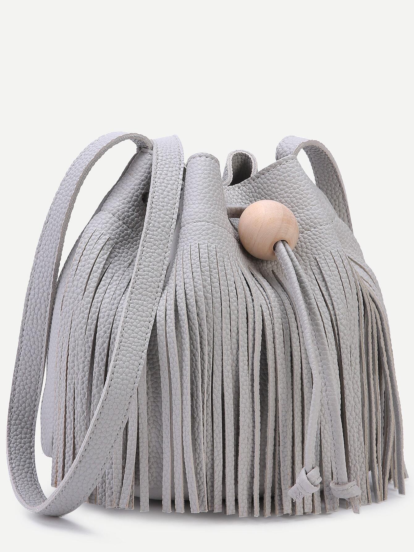 Grey Pebbled PU Tassel Fringe Drawstring Bucket Bag SheIn(Sheinside)