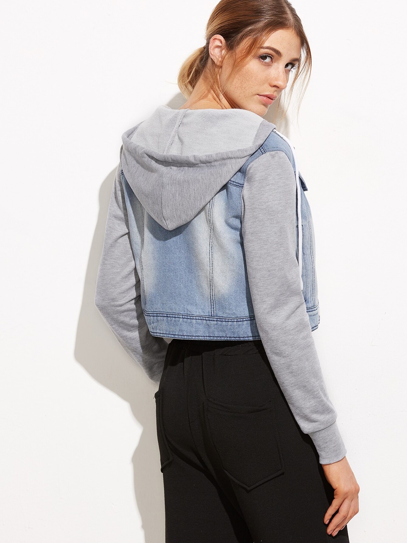 Blue Mixed Media Crop Hooded Denim Jacket SheIn(Sheinside)