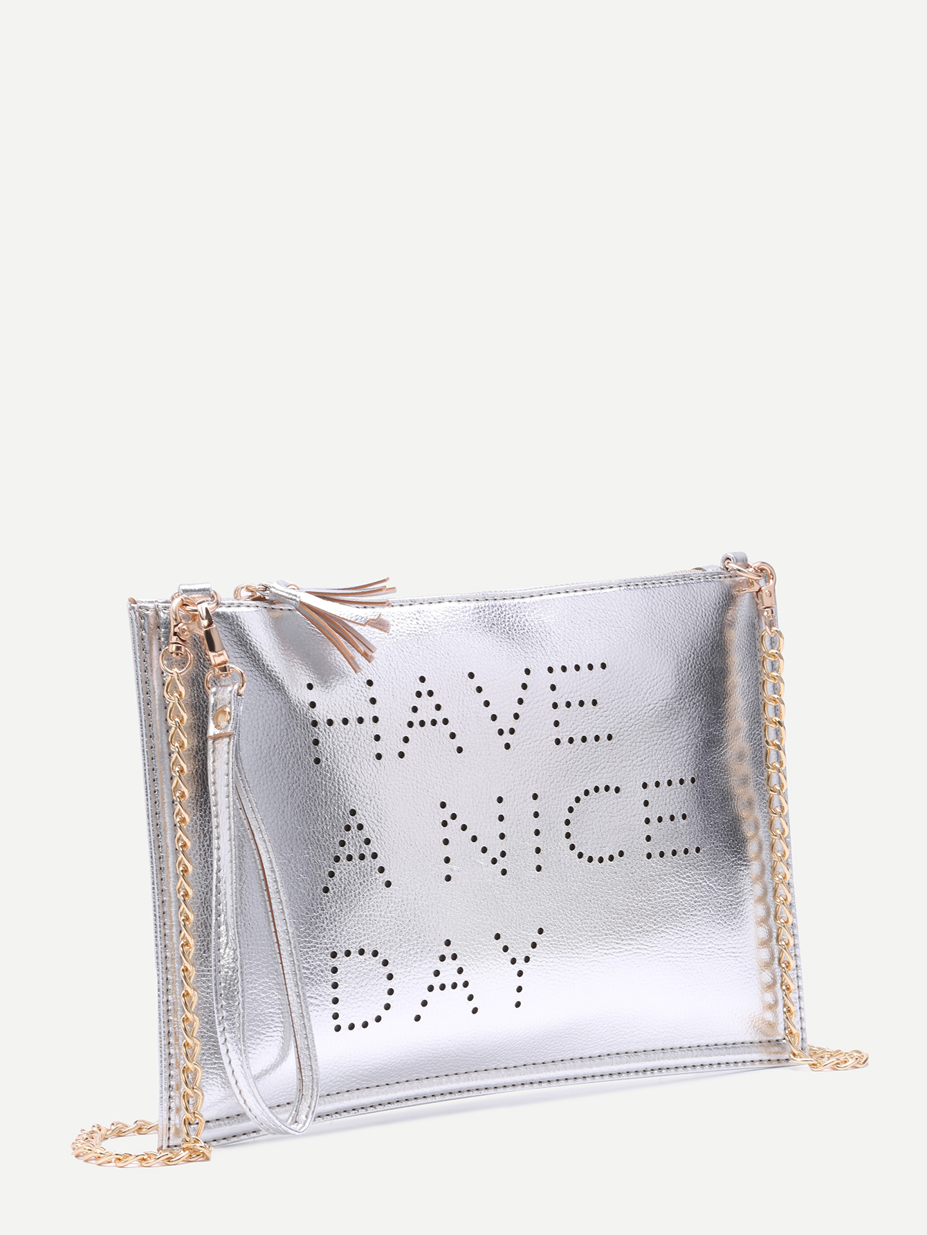Silver Hollow Out Words Tassel Clutch Bag With Chain SheIn(Sheinside)