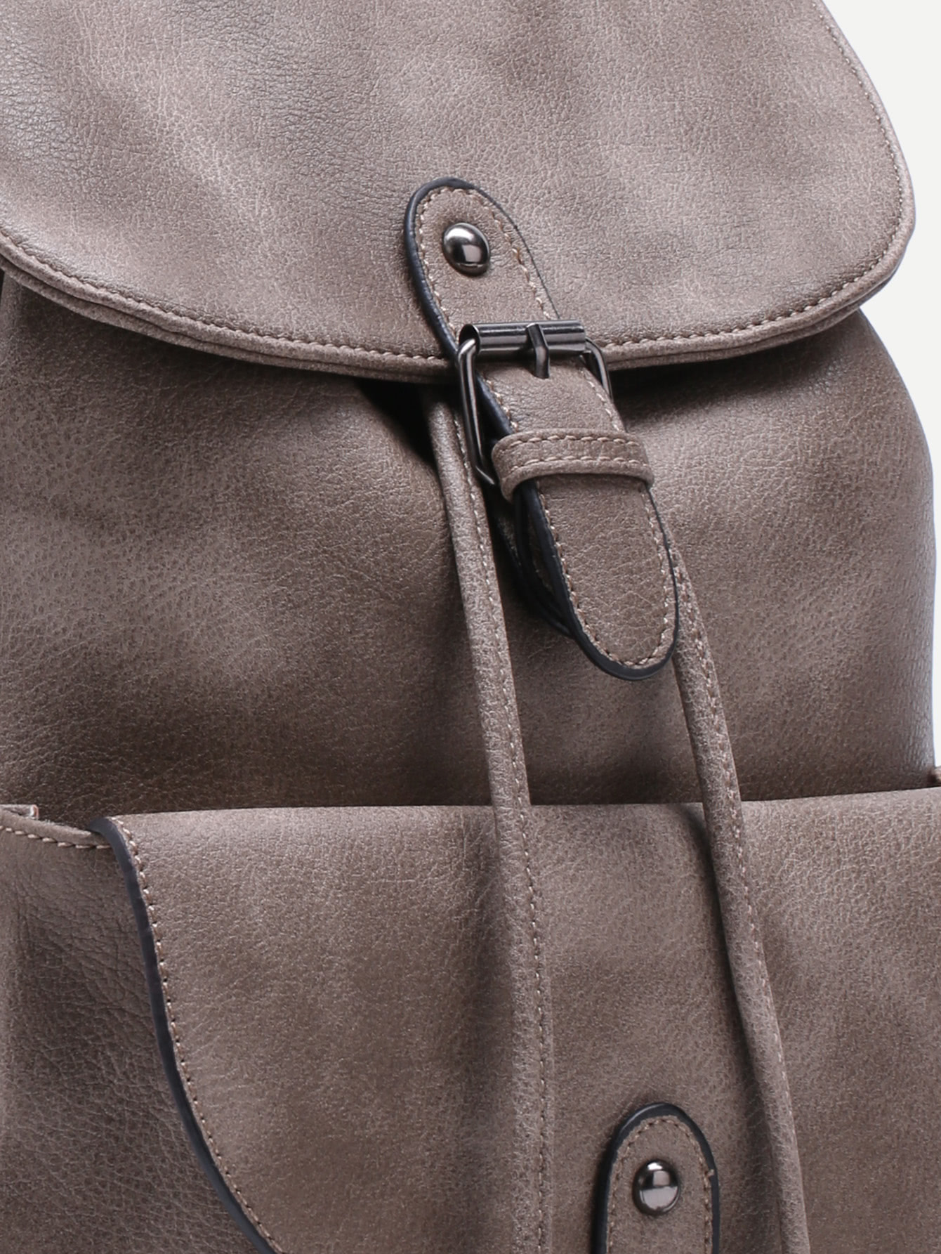 Grey PU Buckle Strap Drawstring Flap Backpack SheIn(Sheinside)