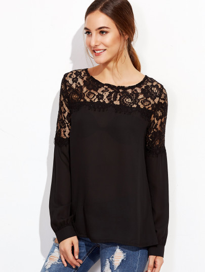 Camicetta Bottone Indietro Pizzo Inserito - Nero
