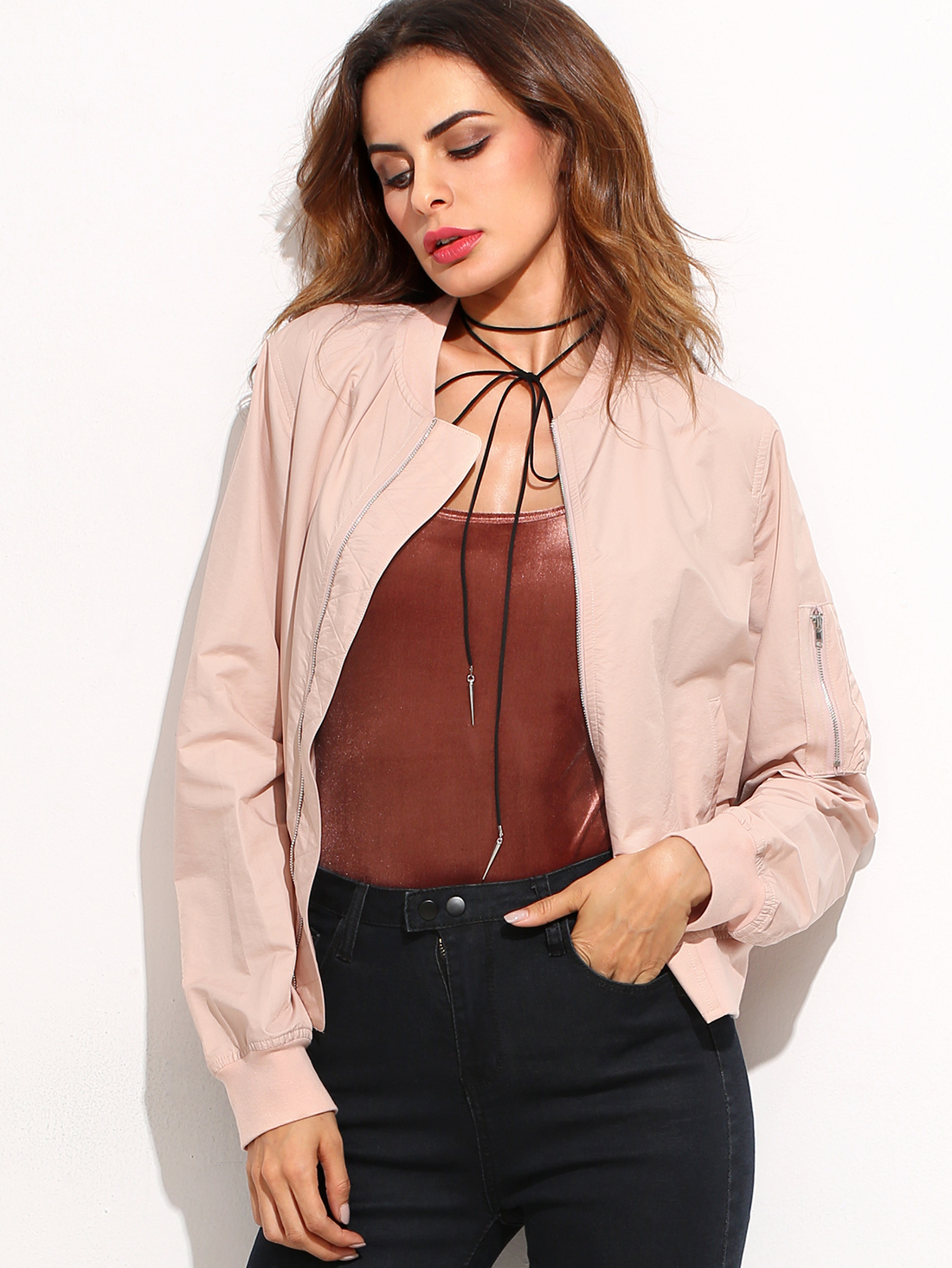 Pink Band Collar Zipper Front Jacket SheIn(Sheinside)