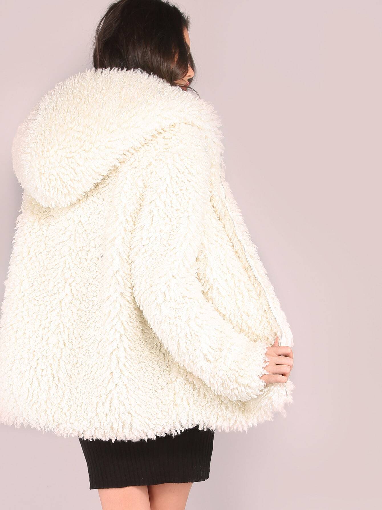 White Zip Up Faux Fur Coat SheIn(Sheinside)
