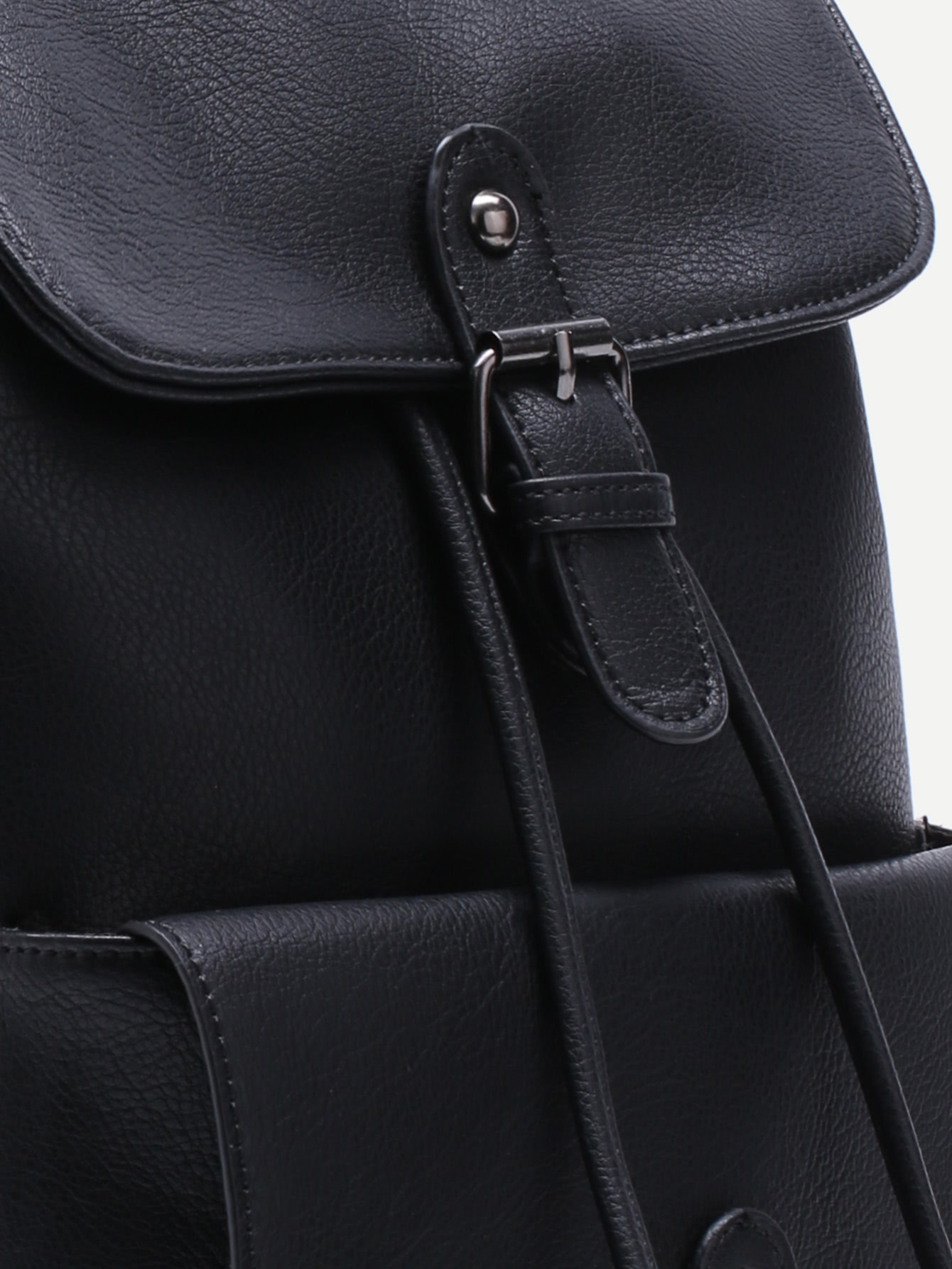 Black PU Buckle Strap Drawstring Flap Backpack SheIn(Sheinside)