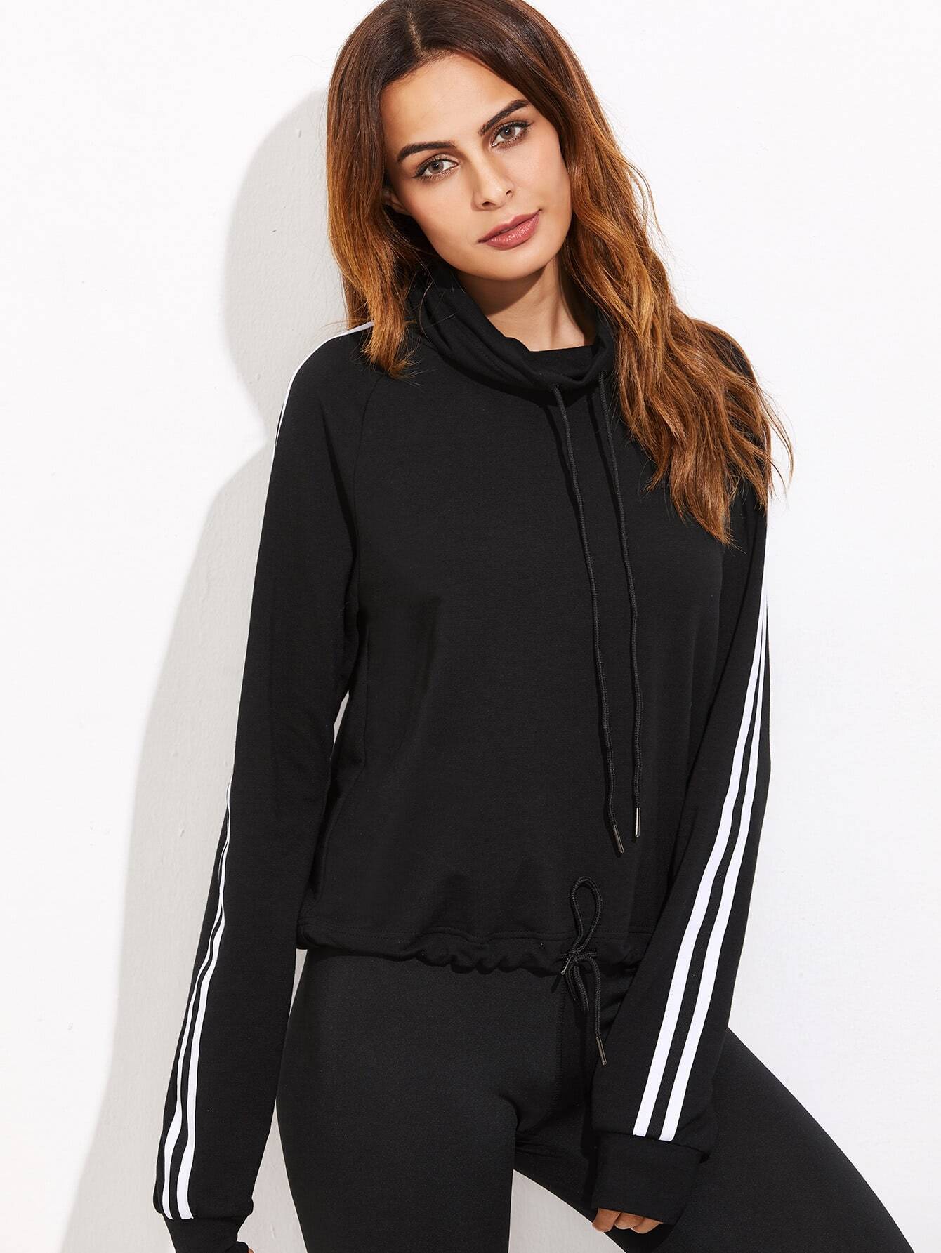 Cowl Neckline Striped Sideseam Drawstring Sweatshirt SheIn(Sheinside)