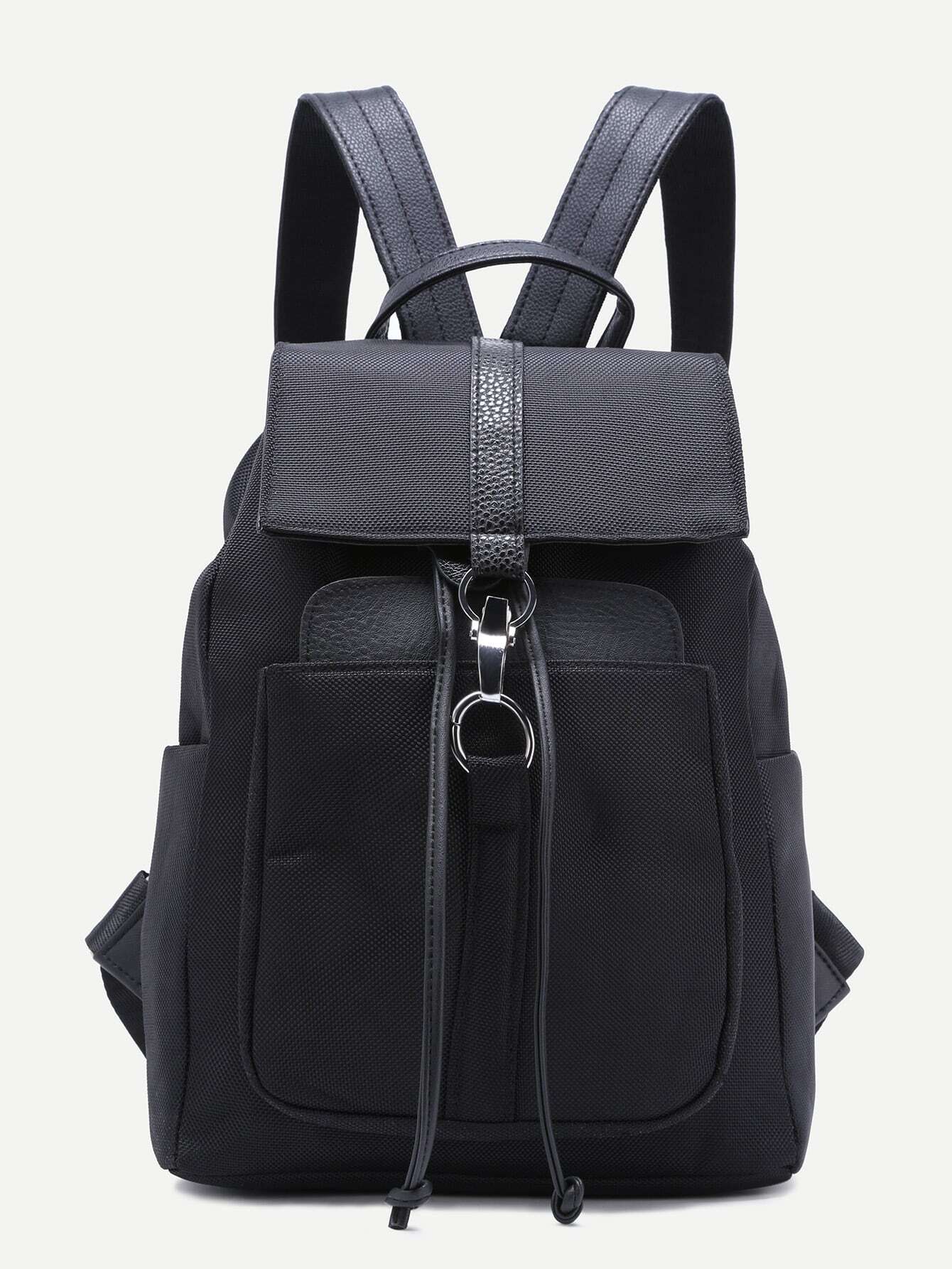 Black Buckled Strap Drawstring Flap Nylon Backpack SheIn(Sheinside)