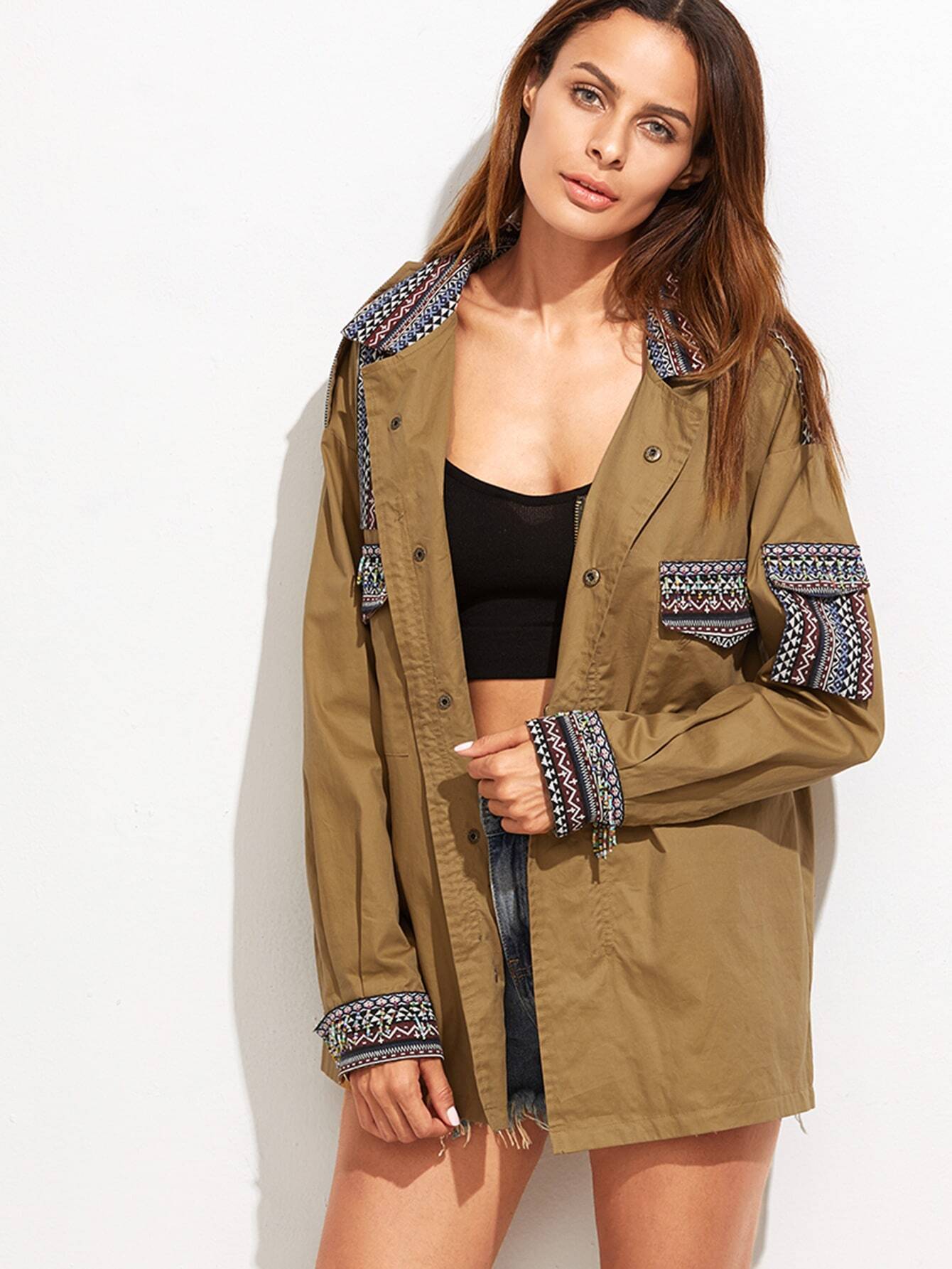 Khaki Embroidered Tape Detail Pocket Jacket SheIn(Sheinside)