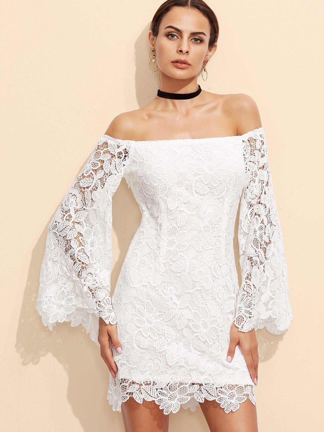 Kleid Schulterfrei bestickte Spitze weiß German SheIn(Sheinside)