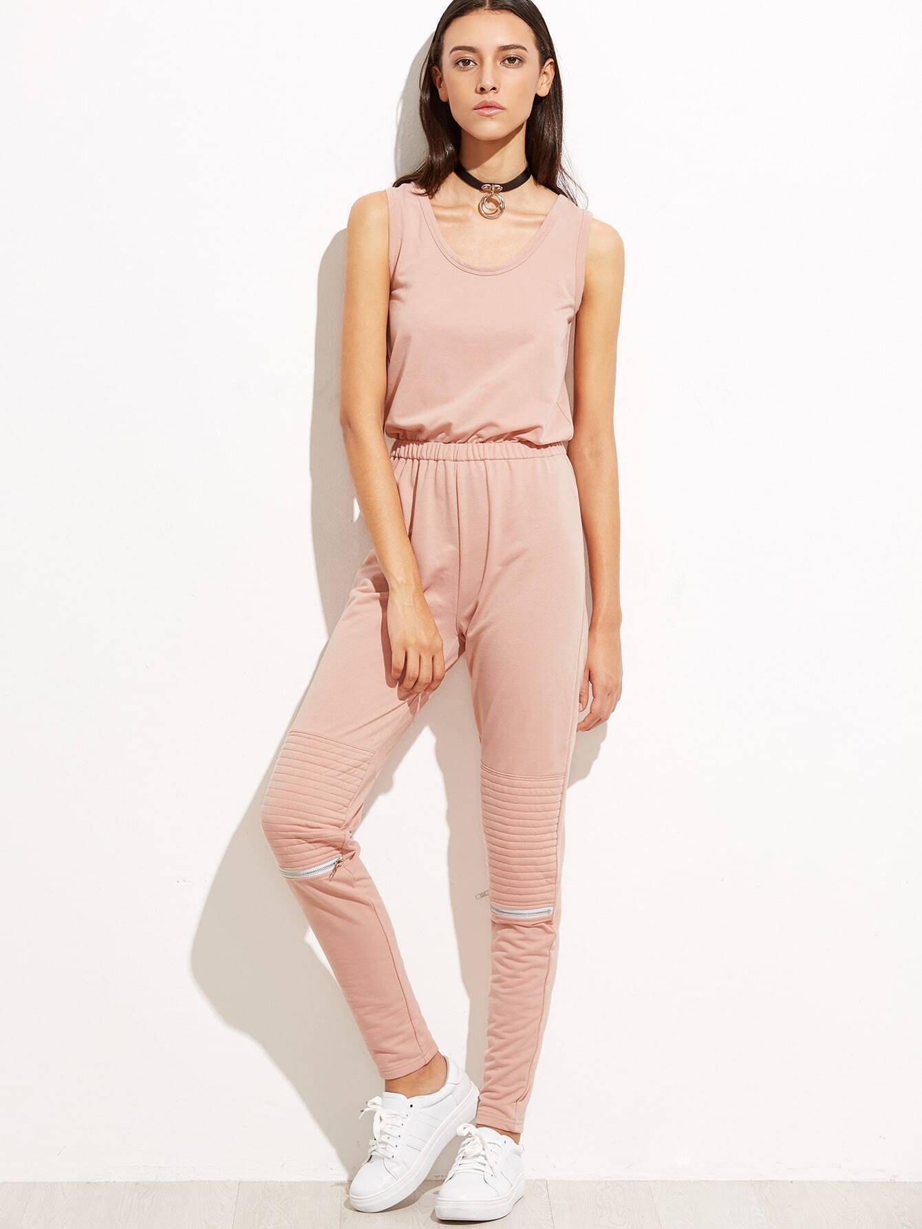 Tank Top Zipper Knees Ribbed Jumpsuit SheIn(Sheinside)