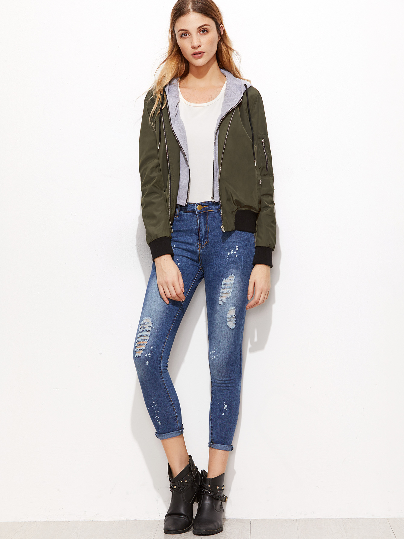 Olive Green Contrast Hood 2 In 1 Bomber Jacket SheIn(Sheinside)