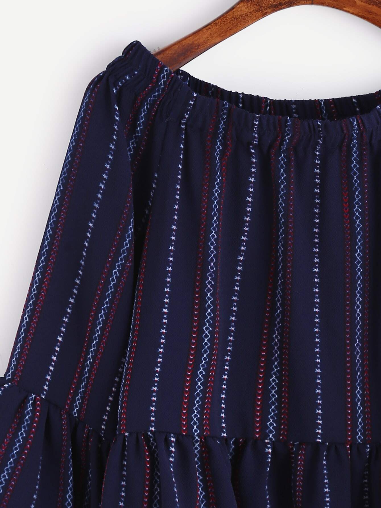 Navy Print Boat Neck Bell Sleeve Ruffle Hem Top SheIn(Sheinside)