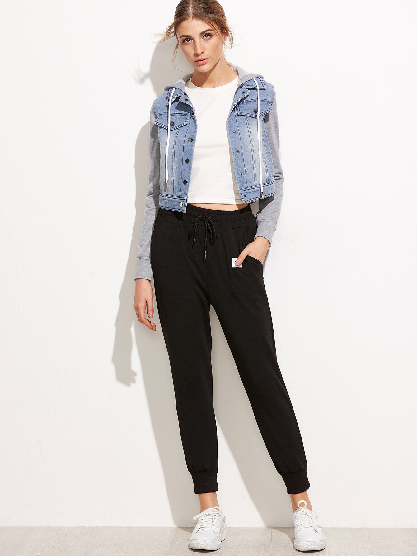 Blue Mixed Media Crop Hooded Denim Jacket SheIn(Sheinside)