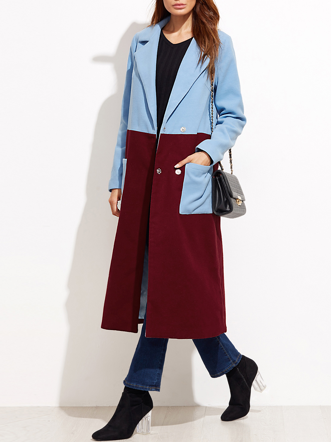 Contrast Dual Pocket Front Hidden Button Long Coat