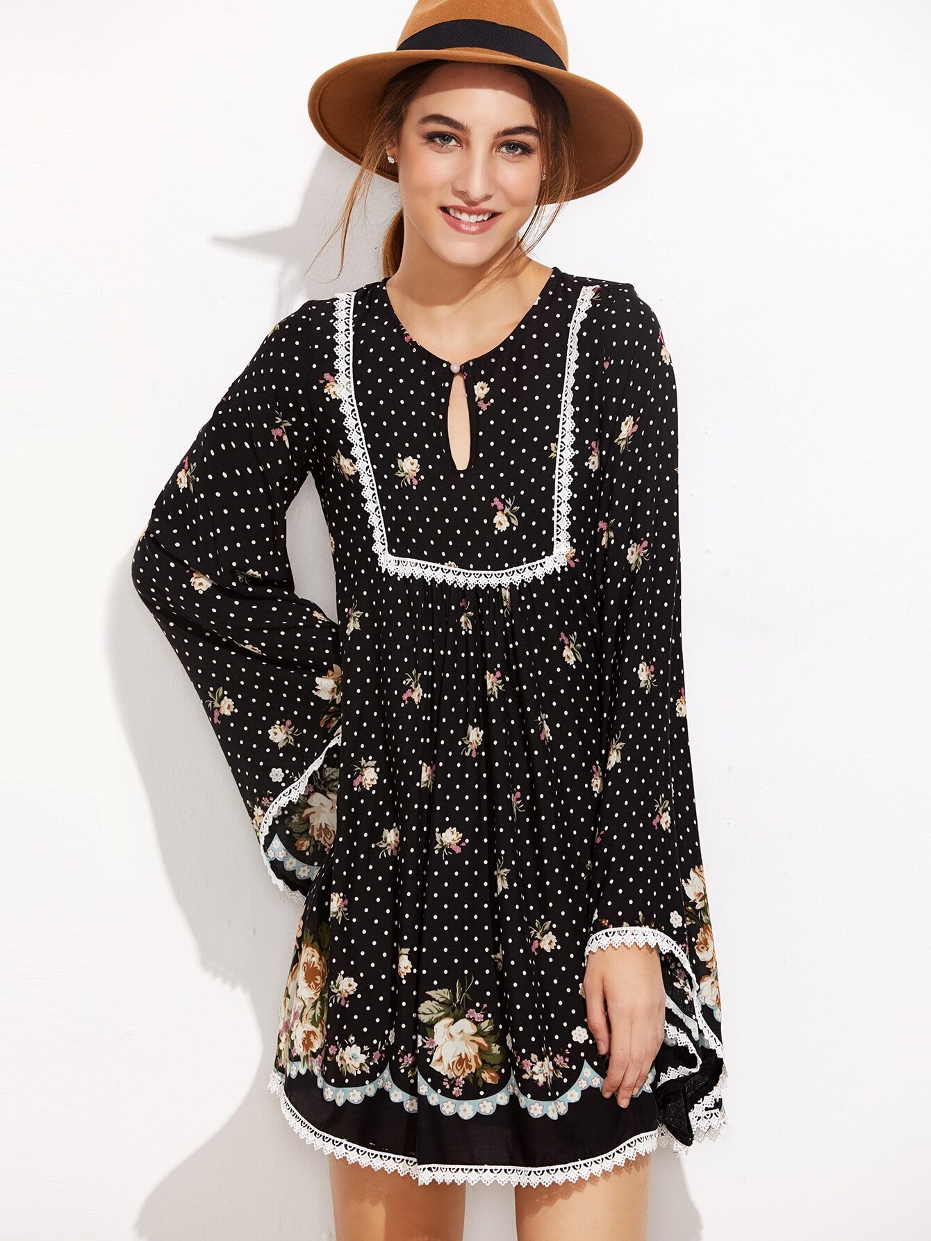 Vestido a lunares con estampado y ribete de encaje - negro -Spanish