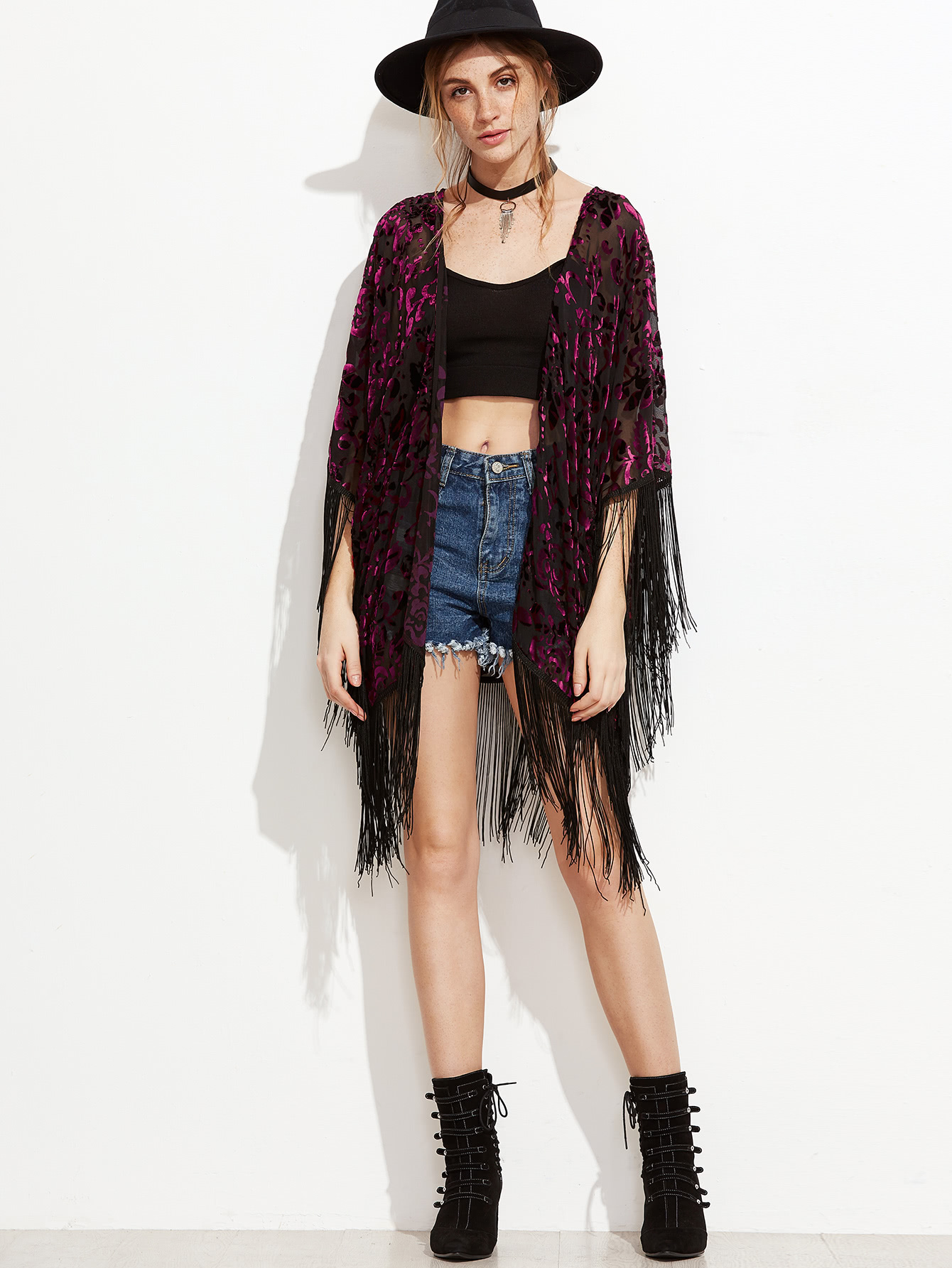 Contrast Flower Pattern Fringe Kimono SheIn(Sheinside)